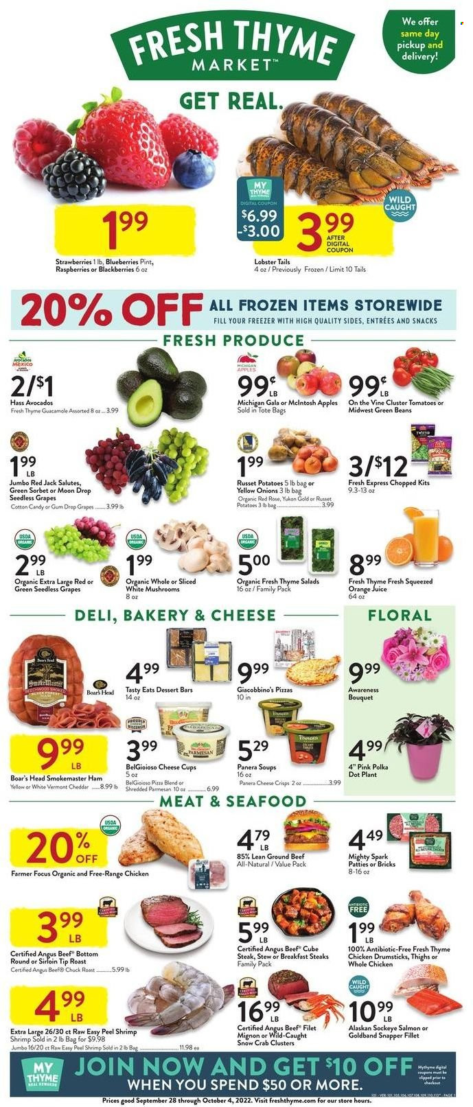 thumbnail - Fresh Thyme Flyer - 09/28/2022 - 10/04/2022 - Sales products - beans, green beans, russet potatoes, potatoes, onion, apples, blackberries, blueberries, Gala, grapes, seedless grapes, strawberries, lobster, salmon, seafood, crab, lobster tail, shrimps, pizza, ham, guacamole, cheddar, cheese cup, parmesan, cotton candy, orange juice, juice, wine, rosé wine, whole chicken, chicken drumsticks, beef meat, ground beef, steak, beef tenderloin, chuck roast, bouquet, rose. Page 1.