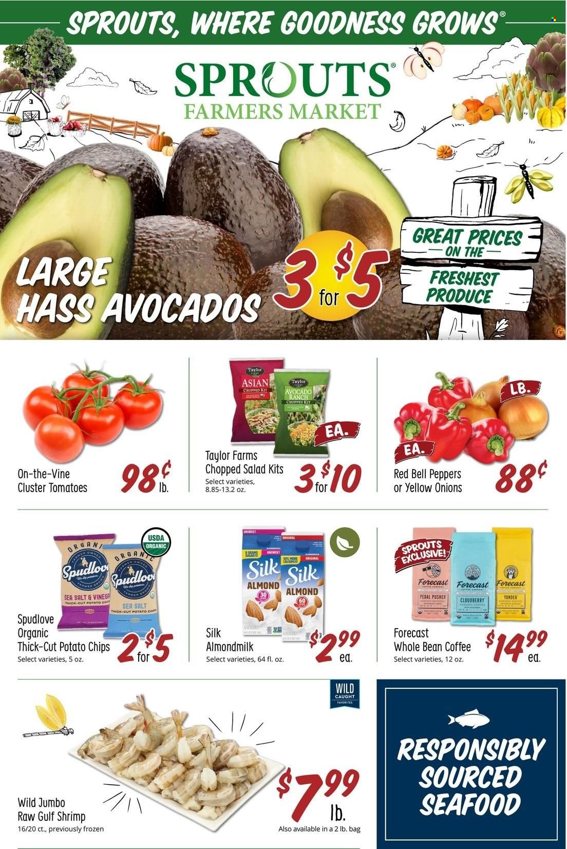 thumbnail - Sprouts Flyer - 09/28/2022 - 10/04/2022 - Sales products - bell peppers, tomatoes, onion, salad, peppers, chopped salad, avocado, seafood, shrimps, almond milk, potato chips, coffee. Page 1.