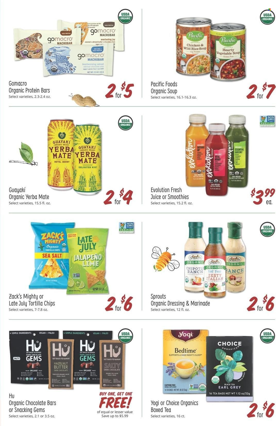 thumbnail - Sprouts Flyer - 09/28/2022 - 10/04/2022 - Sales products - jalapeño, vegetable soup, soup, almond butter, dark chocolate, chocolate bar, tortilla chips, protein bar, dressing, marinade, juice, tea bags. Page 7.