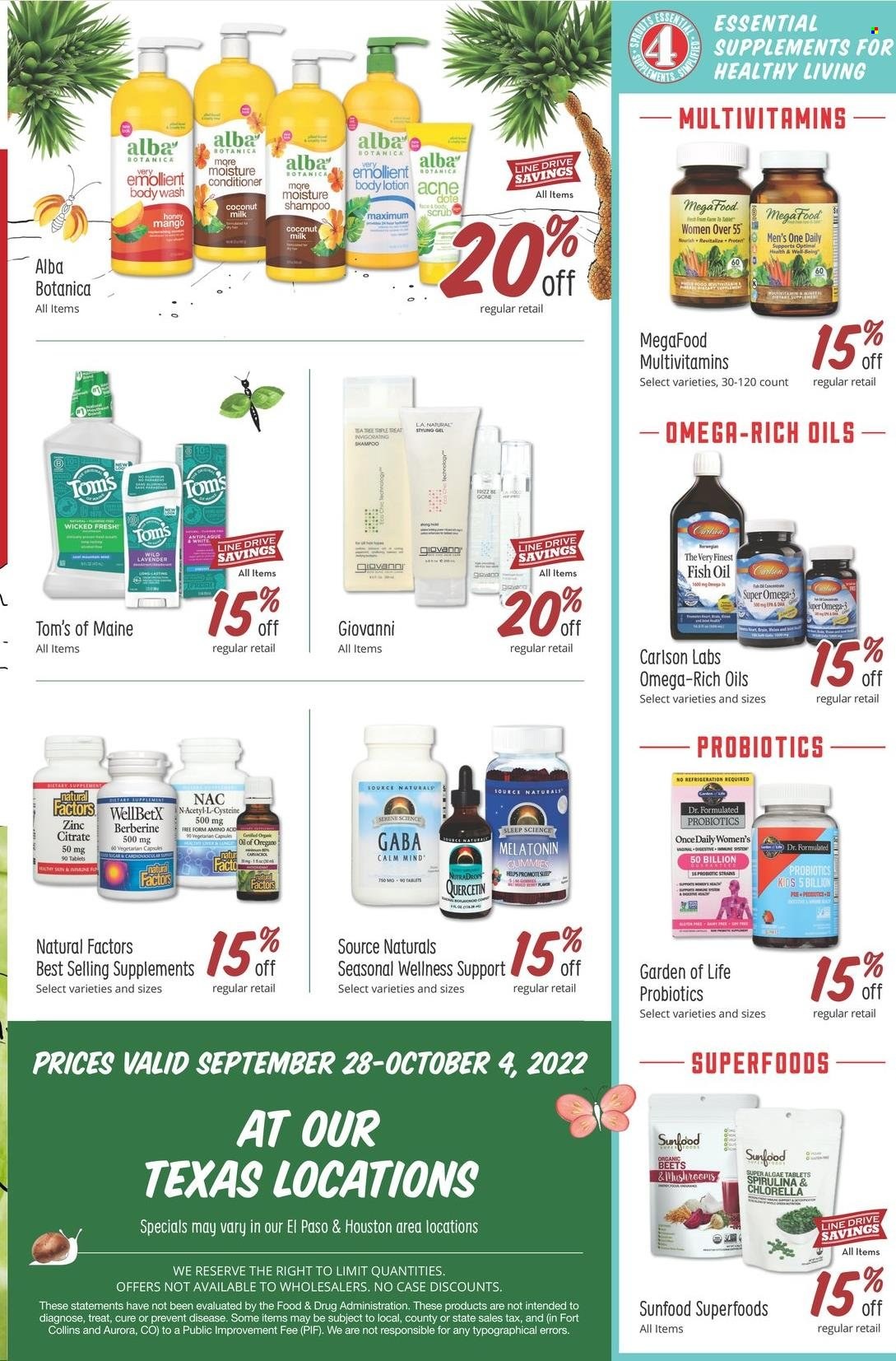 thumbnail - Sprouts Flyer - 09/28/2022 - 10/04/2022 - Sales products - coconut milk, oil, honey, body wash, shampoo, conditioner, styling gel, body lotion, fish oil, multivitamin, probiotics, Omega-3, zinc, one daily. Page 9.