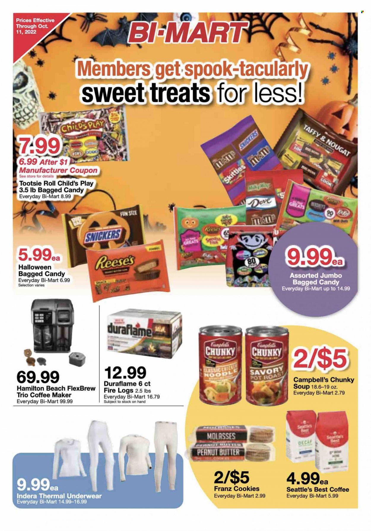 thumbnail - Bi-Mart Flyer - 09/27/2022 - 10/11/2022 - Sales products - Halloween, Campbell's, soup, noodles, Reese's, cookies, Dove, Snickers, nougat, Skittles, molasses, peanut butter, pot, coffee machine. Page 1.