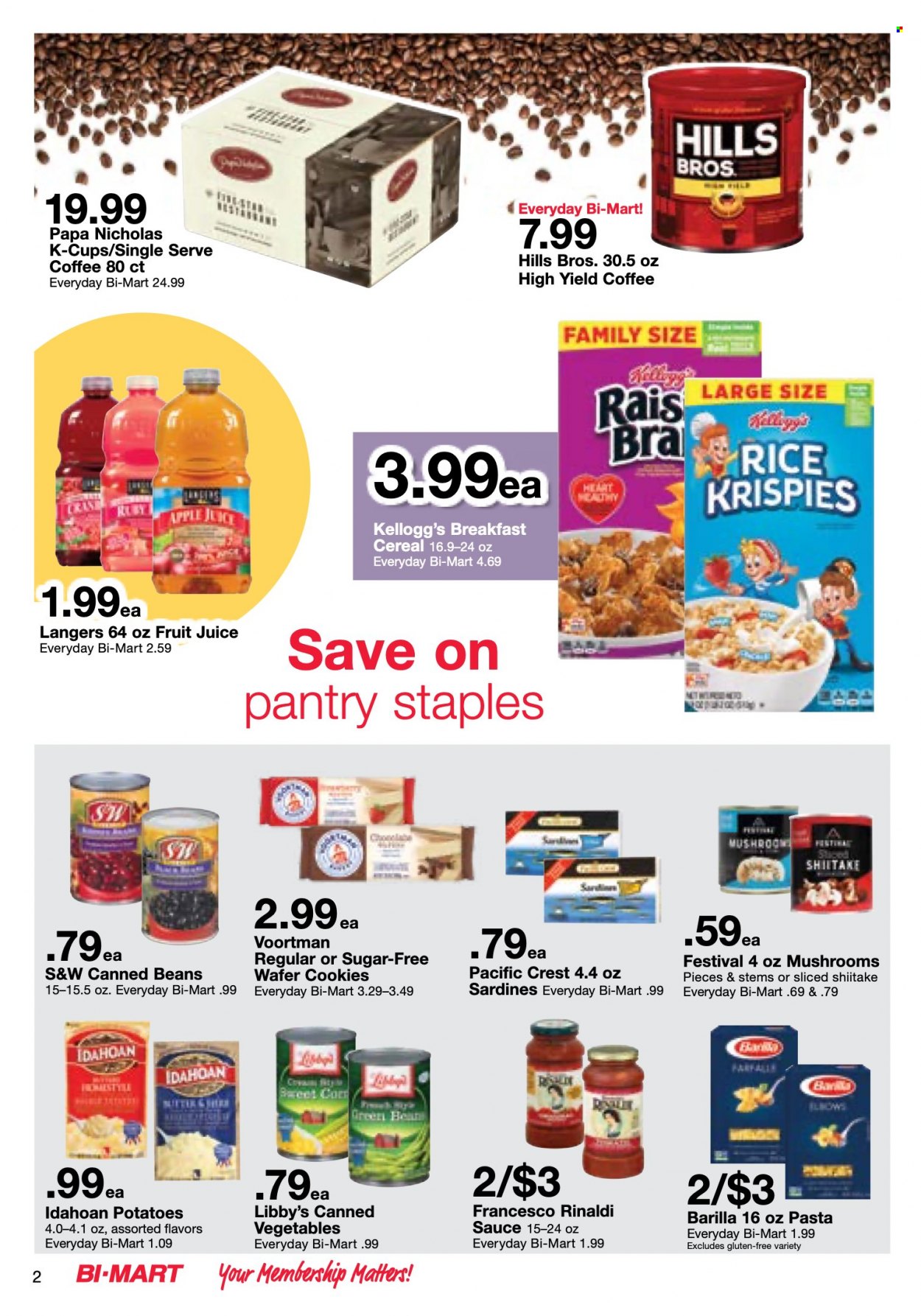 thumbnail - Bi-Mart Flyer - 09/27/2022 - 10/11/2022 - Sales products - mushrooms, green beans, sardines, pasta, sauce, Barilla, cookies, wafers, Kellogg's, sugar, canned vegetables, cereals, Rice Krispies, apple juice, juice, fruit juice, coffee, coffee capsules, K-Cups, Crest, Hill's. Page 2.