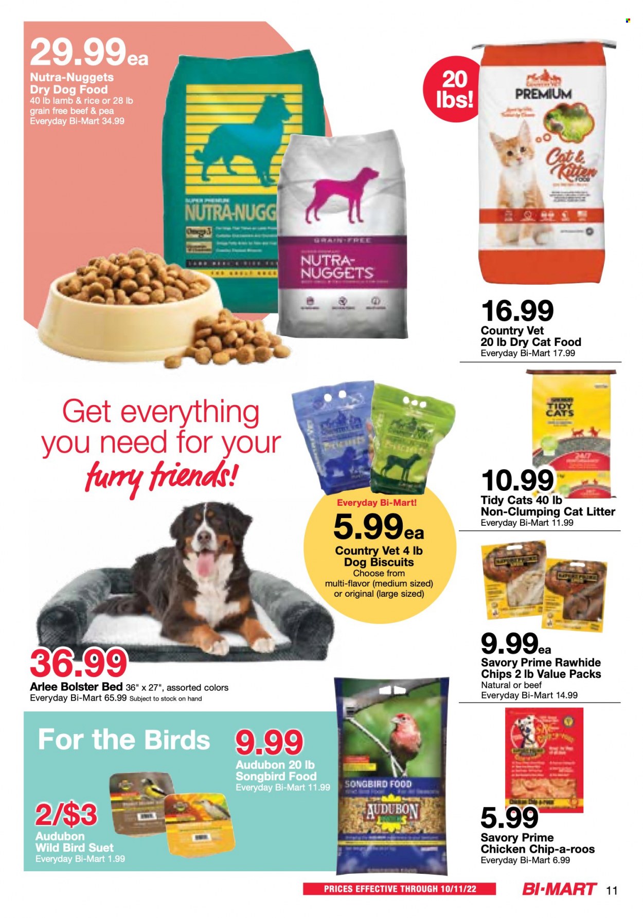 thumbnail - Bi-Mart Flyer - 09/27/2022 - 10/11/2022 - Sales products - bed, nuggets, suet, chips, animal food, cat litter, dry dog food, animal treats, cat food, dog food, dog biscuits, dry cat food. Page 11.