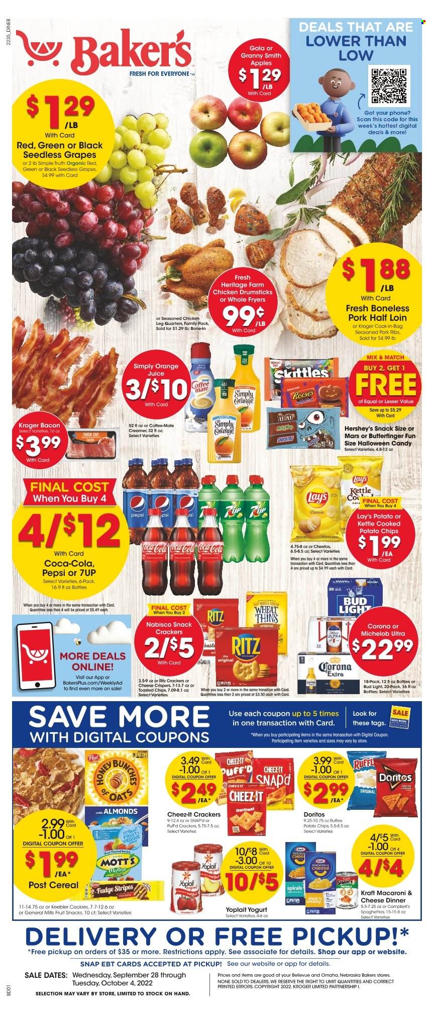thumbnail - Baker's Flyer - 09/28/2022 - 10/04/2022 - Sales products - apples, Gala, grapes, seedless grapes, Granny Smith, Mott's, Campbell's, macaroni & cheese, Kraft®, bacon, yoghurt, Yoplait, Coffee-Mate, creamer, Reese's, Hershey's, cookies, fudge, Mars, crackers, Skittles, fruit snack, Keebler, RITZ, Doritos, potato chips, Cheetos, chips, Lay’s, Thins, Cheez-It, Ruffles, oats, cereals, honey, Coca-Cola, Pepsi, orange juice, juice, 7UP, beer, Bud Light, Corona Extra, chicken legs, chicken drumsticks, pork meat, pork ribs, Bakers, Halloween, Michelob. Page 1.