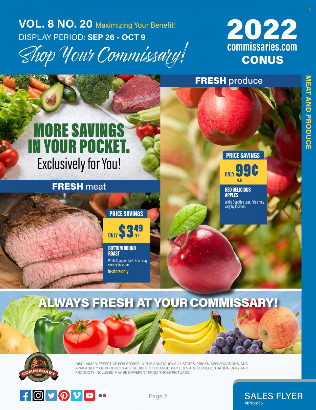 thumbnail - Commissary Flyer - 09/26/2022 - 10/09/2022 - Sales products - apples, Red Delicious apples, beef meat, round roast. Page 2.