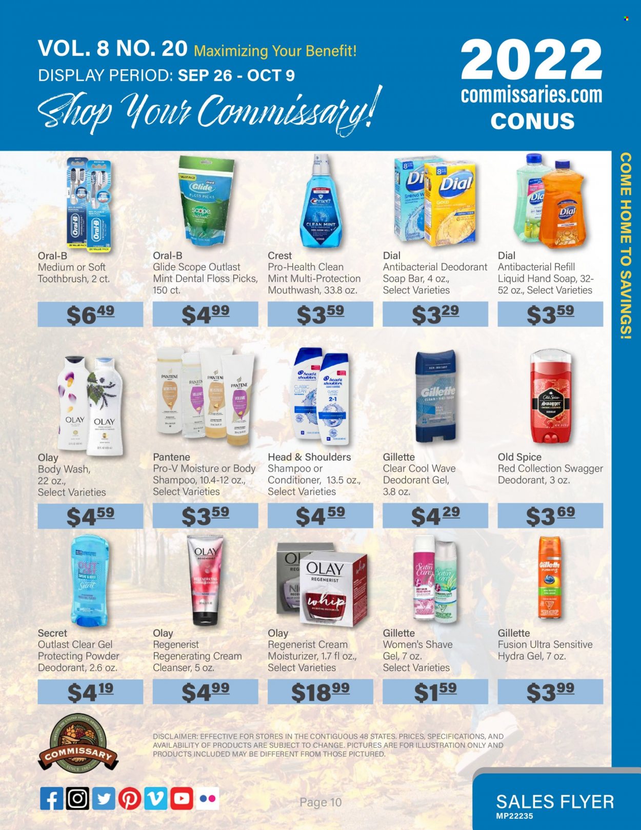 thumbnail - Commissary Flyer - 09/26/2022 - 10/09/2022 - Sales products - spice, WAVE, body wash, shampoo, hand soap, Old Spice, soap bar, Dial, soap, toothbrush, Oral-B, mouthwash, Crest, cleanser, moisturizer, Olay, conditioner, Head & Shoulders, Pantene, anti-perspirant, deodorant, Gillette, shave gel. Page 10.