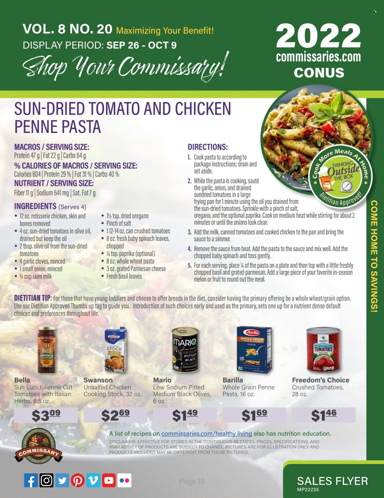 thumbnail - Commissary Flyer - 09/26/2022 - 10/09/2022 - Sales products - garlic, chicken roast, Barilla, parmesan, cheese, milk, crushed tomatoes, olives, Bella Sun Luci, penne, cloves, melons. Page 16.