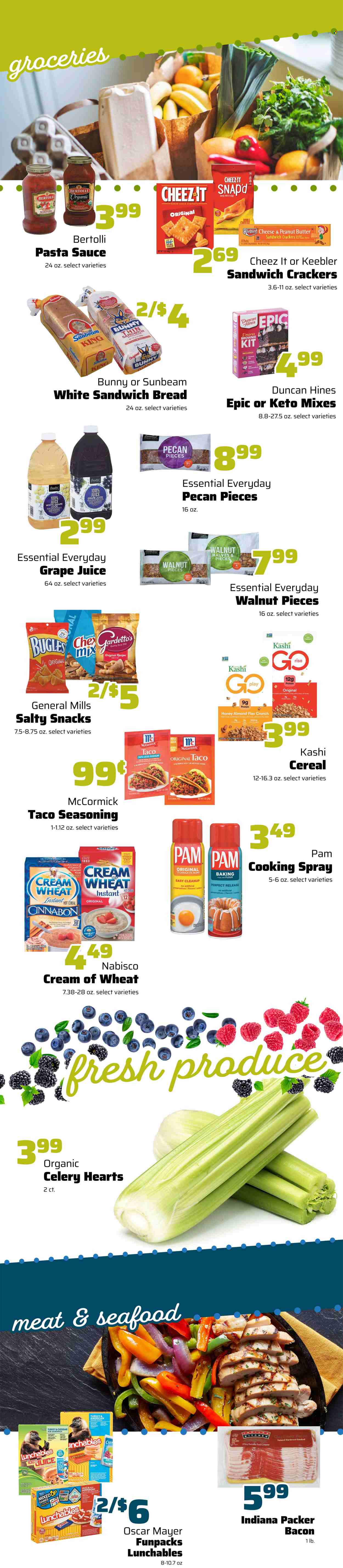 thumbnail - County Market Flyer - 09/28/2022 - 10/04/2022 - Sales products - brownie mix, sleeved celery, seafood, pasta sauce, Lunchables, Bertolli, bacon, Oscar Mayer, pepperoni, fudge, marshmallows, chocolate, snack, crackers, Keebler, plant protein, cereals, Cream of Wheat, spice, canola oil, cooking spray, oil, peanut butter, walnuts, juice. Page 2.