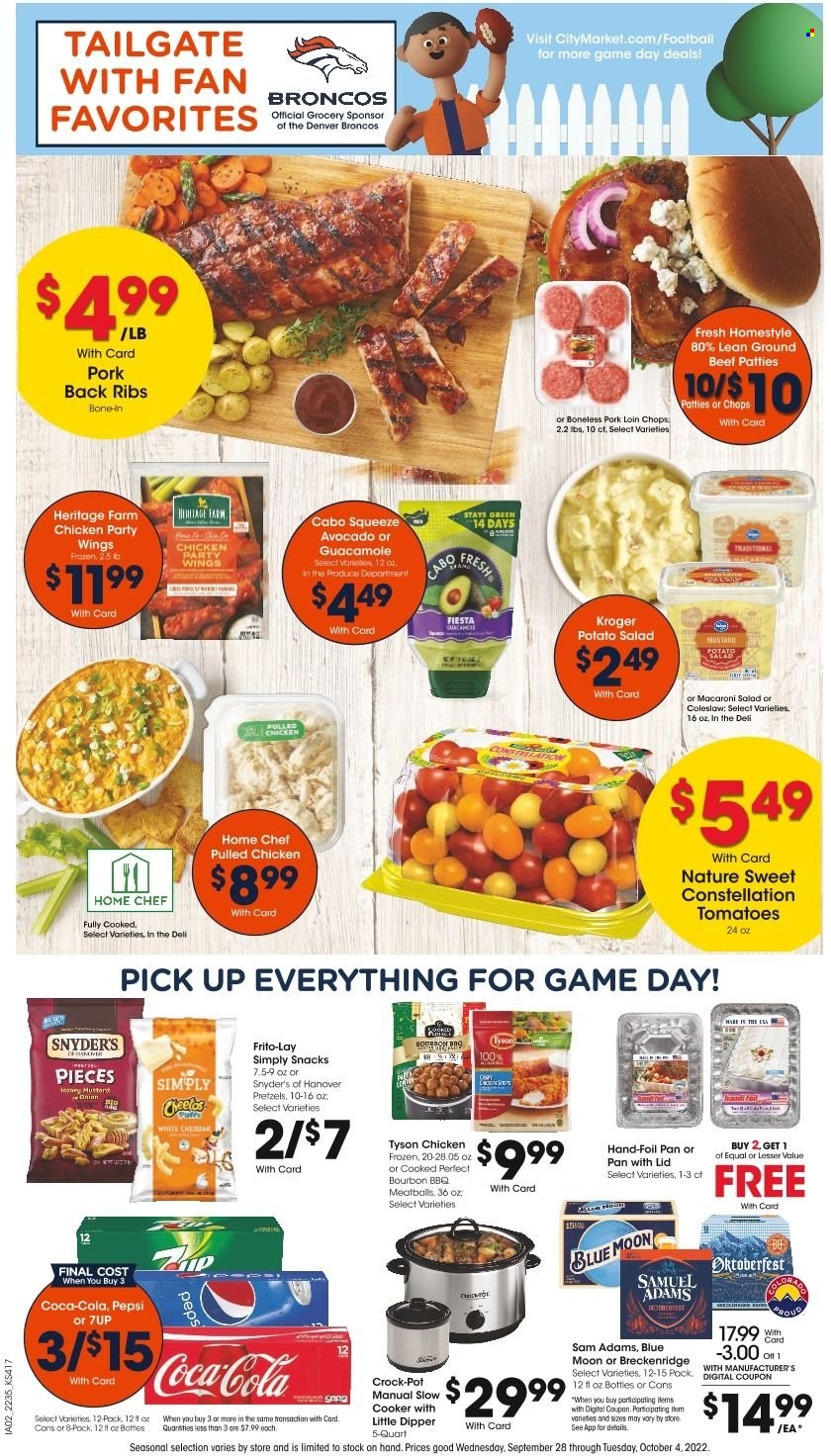 thumbnail - City Market Flyer - 09/28/2022 - 10/04/2022 - Sales products - pretzels, puffs, tomatoes, onion, coleslaw, meatballs, pulled chicken, guacamole, potato salad, macaroni salad, cheddar, cheese, snack, Frito-Lay, mustard, honey mustard, Coca-Cola, Pepsi, 7UP, beer, beef meat, ground beef, pork chops, pork loin, pork meat, pork ribs, pork back ribs, pot, slow cooker, Blue Moon. Page 2.