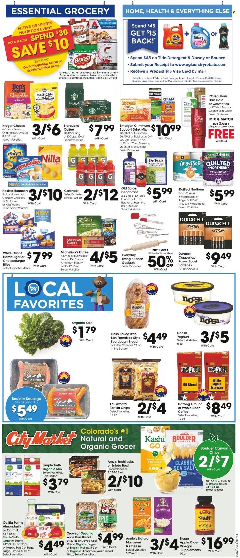 thumbnail - City Market Flyer - 09/28/2022 - 10/04/2022 - Sales products - bagels, english muffins, sourdough bread, kale, oranges, enchiladas, macaroni & cheese, hamburger, pasta, cheeseburger, Annie's, sausage, italian sausage, yoghurt, almond milk, organic milk, oat milk, eggs, graham crackers, crackers, tortilla chips, chips, cereals, rice, spice, apple cider vinegar, honey, Gatorade, Boost, coffee, Starbucks, coffee capsules, K-Cups, Castle, bath tissue, Quilted Northern, detergent, Tide, Bounce, Old Spice, CeraVe, L’Oréal, anti-perspirant, deodorant, pan, battery, Duracell, Robitussin, vitamin c, Emergen-C. Page 6.