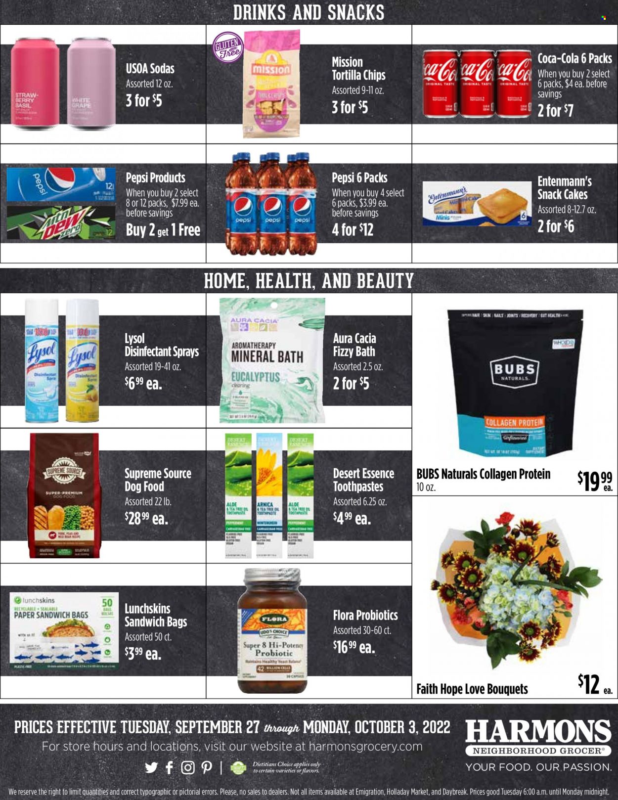 thumbnail - Harmons Flyer - 09/27/2022 - 10/03/2022 - Sales products - Entenmann's, Flora, tortilla chips, chips, Coca-Cola, Pepsi, desinfection, Lysol, bag, animal food, dog food, bouquet, probiotics. Page 6.