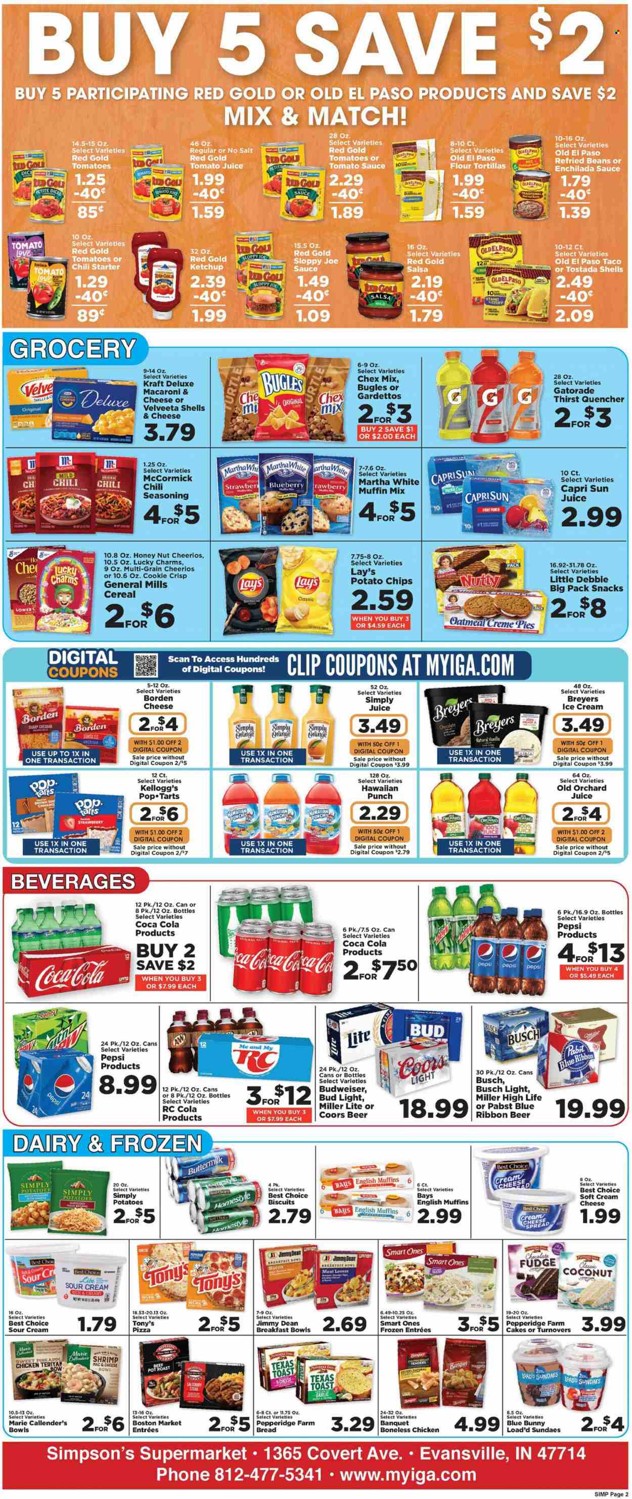 thumbnail - IGA Flyer - 09/28/2022 - 10/04/2022 - Sales products - bread, english muffins, tortillas, cake, Old El Paso, turnovers, flour tortillas, muffin mix, beans, coconut, shrimps, macaroni & cheese, pizza, sauce, breakfast bowl, Marie Callender's, Kraft®, Jimmy Dean, cream cheese, buttermilk, sour cream, ice cream, Blue Bunny, fudge, snack, Kellogg's, biscuit, Pop-Tarts, potato chips, Lay’s, Chex Mix, oatmeal, enchilada sauce, refried beans, tomato sauce, cereals, Cheerios, spice, ketchup, salsa, Capri Sun, Coca-Cola, tomato juice, Pepsi, juice, Gatorade, beer, Busch, Bud Light, Pabst Blue Ribbon, pot, Budweiser, Miller Lite, Coors. Page 3.