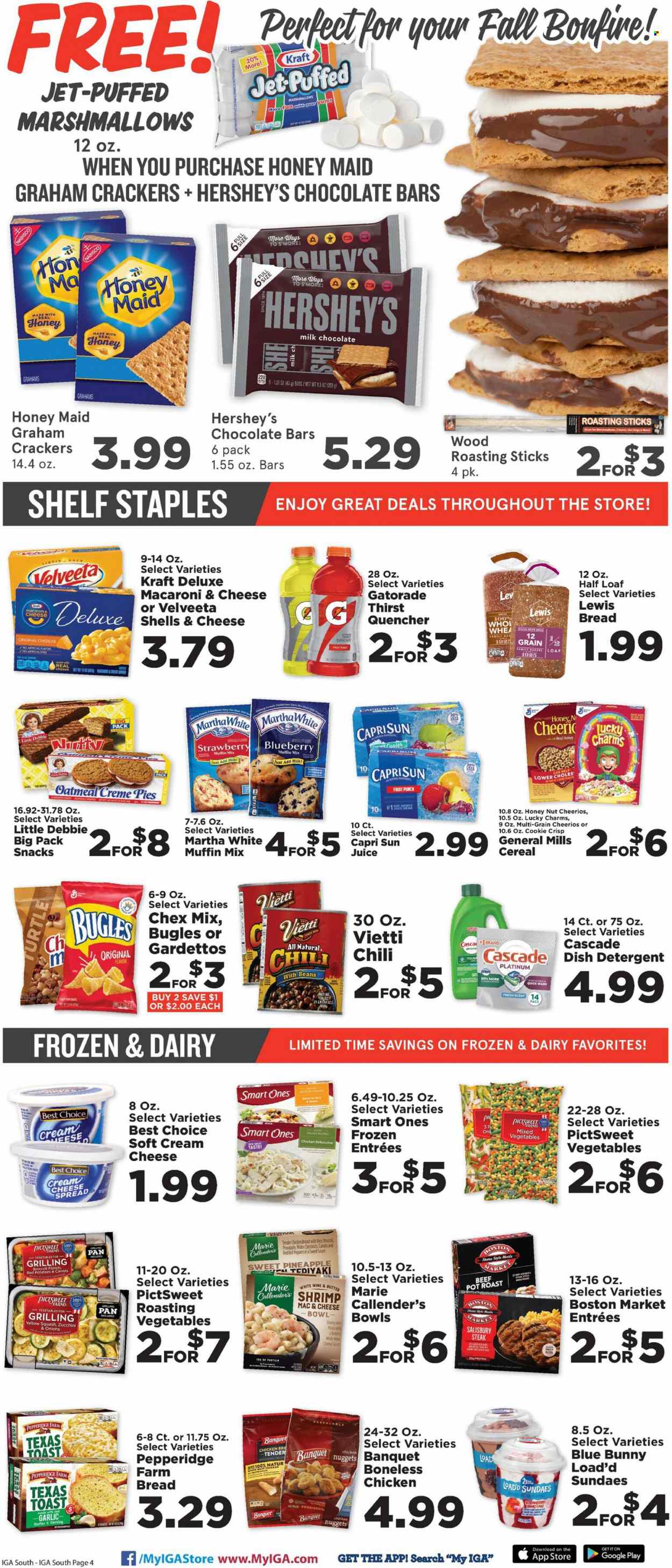 thumbnail - IGA Flyer - 09/28/2022 - 10/04/2022 - Sales products - bread, muffin mix, garlic, zucchini, yellow squash, pineapple, shrimps, macaroni & cheese, nuggets, Marie Callender's, Kraft®, cream cheese, butter, Hershey's, Blue Bunny, graham crackers, marshmallows, milk chocolate, snack, crackers, chocolate bar, Chex Mix, oatmeal, cereals, Cheerios, Honey Maid, Capri Sun, juice, Gatorade, white wine, wine, steak, detergent, Cascade, dishwasher cleaner, Jet, pot, pan, bowl. Page 5.