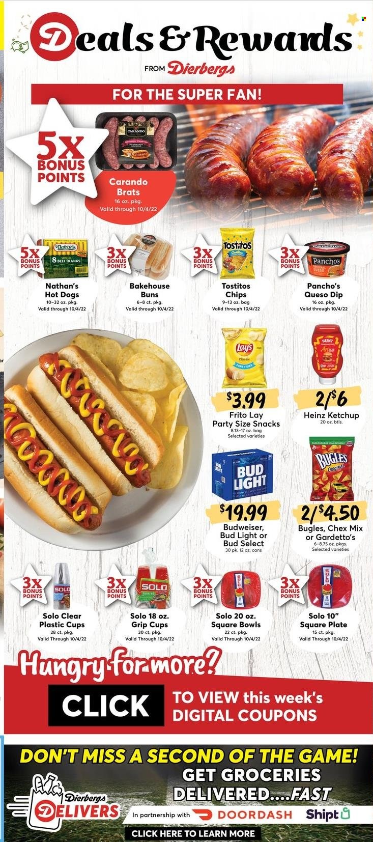 thumbnail - Dierbergs Flyer - 09/27/2022 - 10/03/2022 - Sales products - buns, hot dog, dip, snack, chips, Lay’s, Tostitos, Chex Mix, Heinz, ketchup, beer, Bud Light, Budweiser. Page 7.