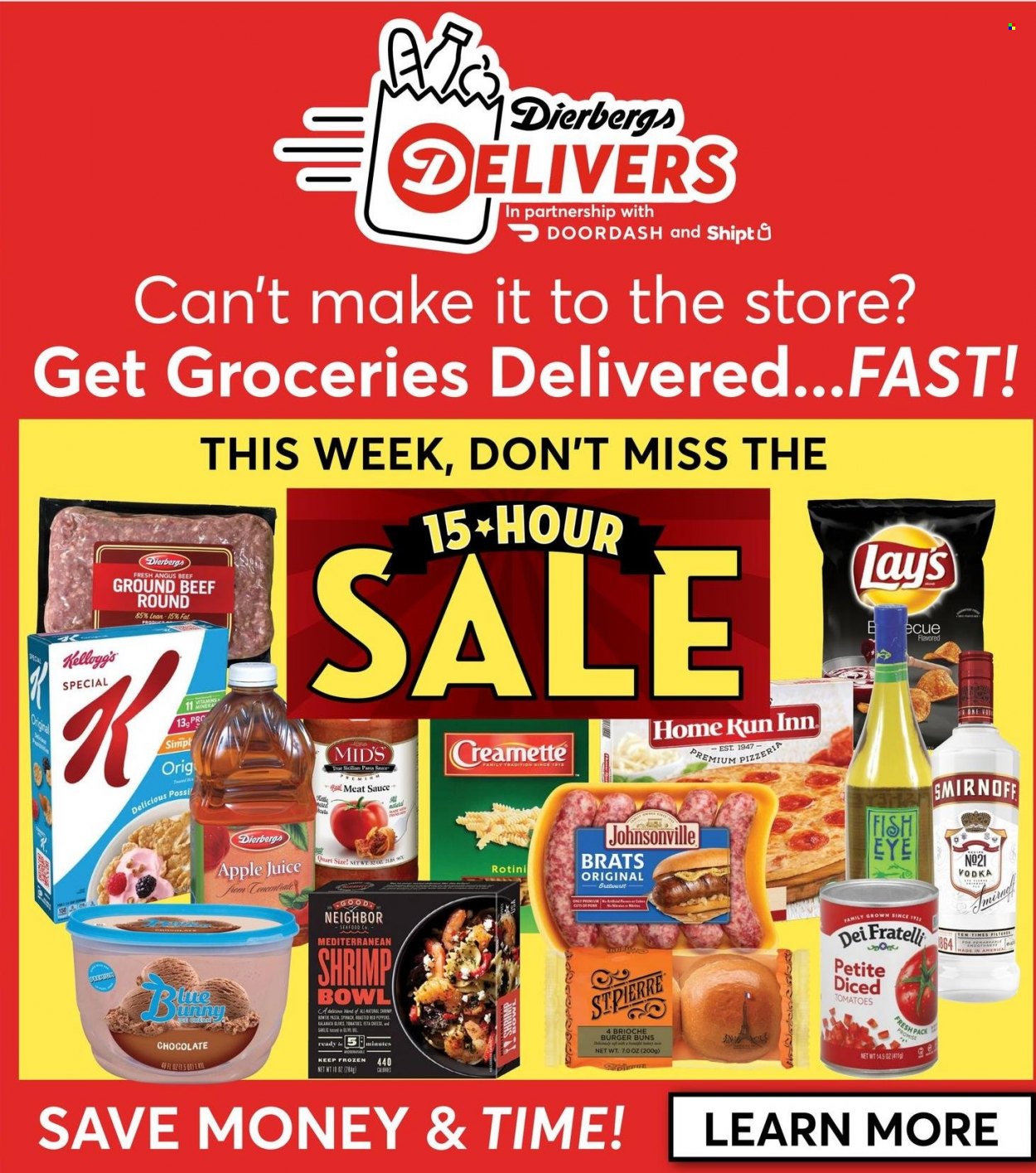 thumbnail - Dierbergs Flyer - 09/27/2022 - 10/03/2022 - Sales products - buns, burger buns, brioche, garlic, tomatoes, peppers, red peppers, seafood, shrimps, pasta sauce, sauce, Johnsonville, bratwurst, chocolate, Kellogg's, Lay’s, diced tomatoes, Creamette, apple juice, juice, Smirnoff, vodka, beef meat, ground beef. Page 10.