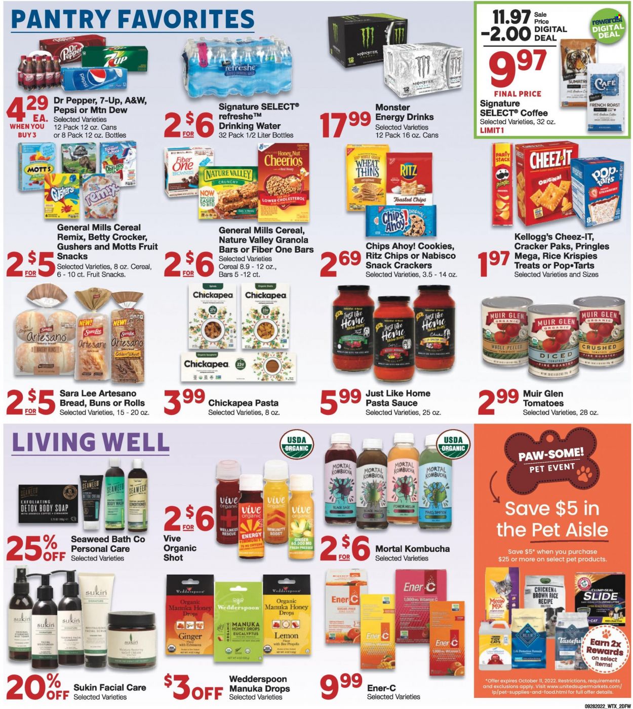 thumbnail - Market Street Flyer - 09/28/2022 - 10/04/2022 - Sales products - buns, Sara Lee, brownies, ginger, tomatoes, Mott's, pasta sauce, sauce, cookies, crackers, Kellogg's, Pop-Tarts, fruit snack, Chips Ahoy!, RITZ, Pringles, chips, Thins, Cheez-It, sugar, crushed tomatoes, cereals, Cheerios, granola bar, Rice Krispies, Nature Valley, Fiber One, brown rice, cinnamon, Manuka Honey, Mountain Dew, Pepsi, energy drink, Monster, Dr. Pepper, 7UP, Monster Energy, A&W, kombucha, Boost, coffee, body wash, soap, cleanser, night cream, conditioner, Sukin, animal food, cat litter, dog food, Meow Mix, vitamin c, melons. Page 2.
