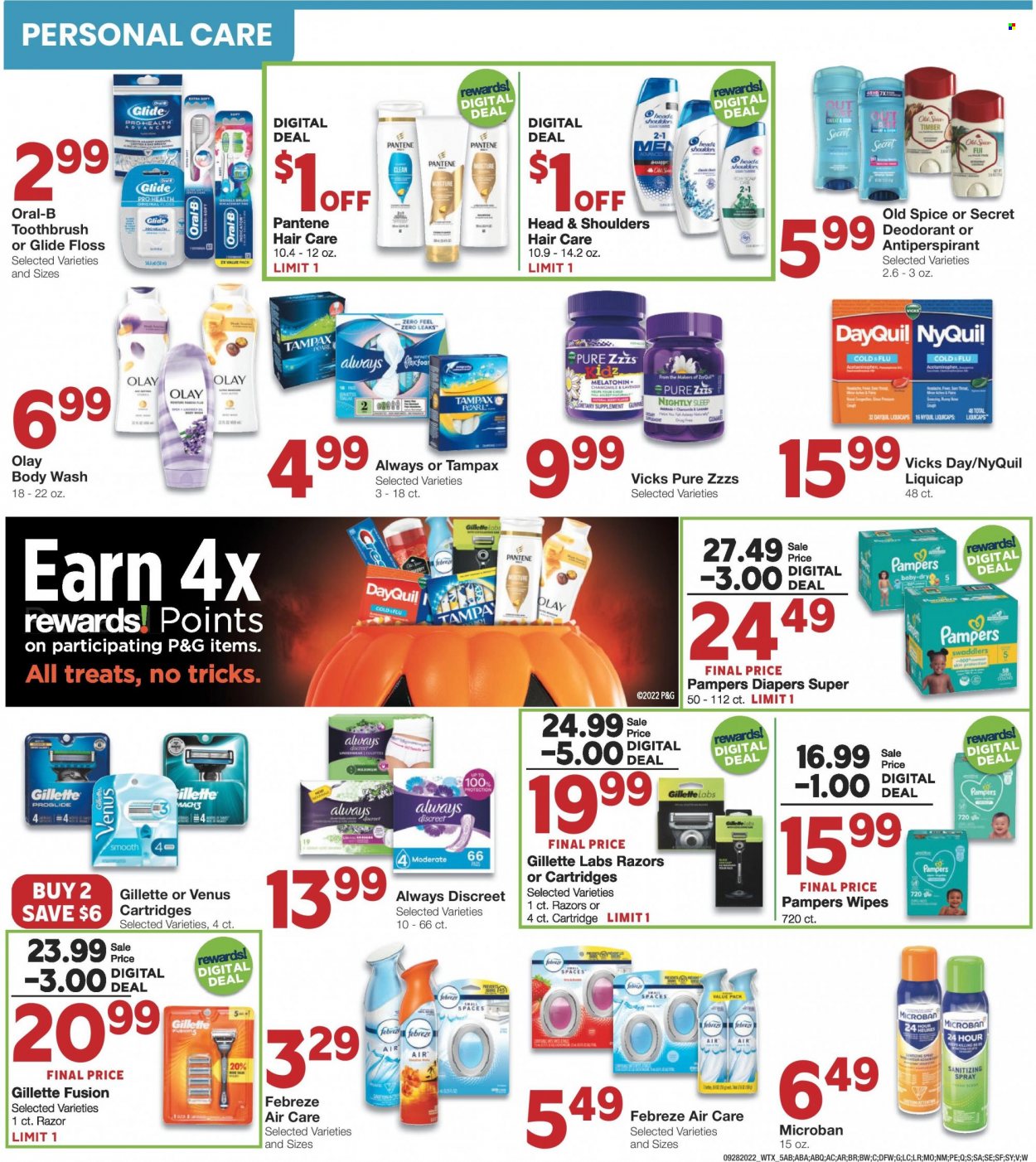 thumbnail - Market Street Flyer - 09/28/2022 - 10/04/2022 - Sales products - spice, wipes, Febreze, body wash, Old Spice, toothbrush, Oral-B, Tampax, Always Discreet, Olay, Head & Shoulders, Pantene, anti-perspirant, deodorant, Gillette, razor, Venus, Vicks, DayQuil, Cold & Flu, NyQuil. Page 5.