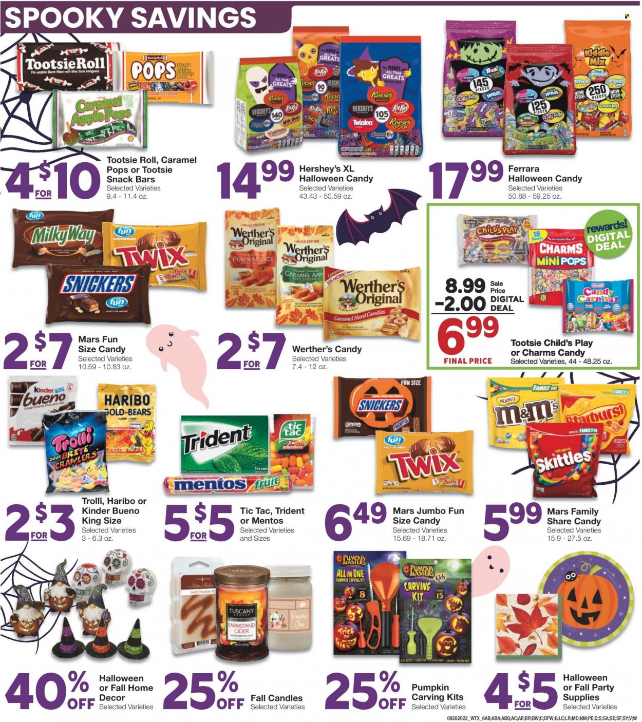 thumbnail - Market Street Flyer - 09/28/2022 - 10/04/2022 - Sales products - Reese's, Hershey's, snack, Trolli, Mentos, Milk Duds, Haribo, Milky Way, Snickers, Twix, Mars, KitKat, M&M's, Kinder Bueno, Skittles, Tic Tac, Trident, snack bar, Starburst, chocolate bar, spice, caramel, cider, Joy, Brite, Halloween, costume. Page 6.