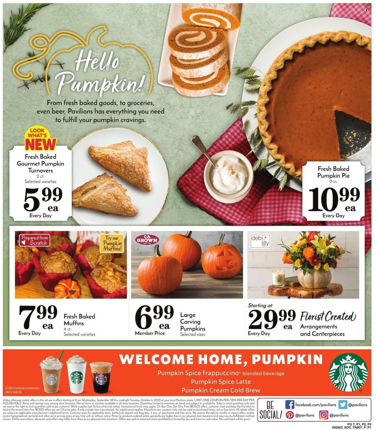 thumbnail - Pavilions Flyer - 09/28/2022 - 10/04/2022 - Sales products - pie, turnovers, muffin, spice, Starbucks, frappuccino, beer. Page 3.