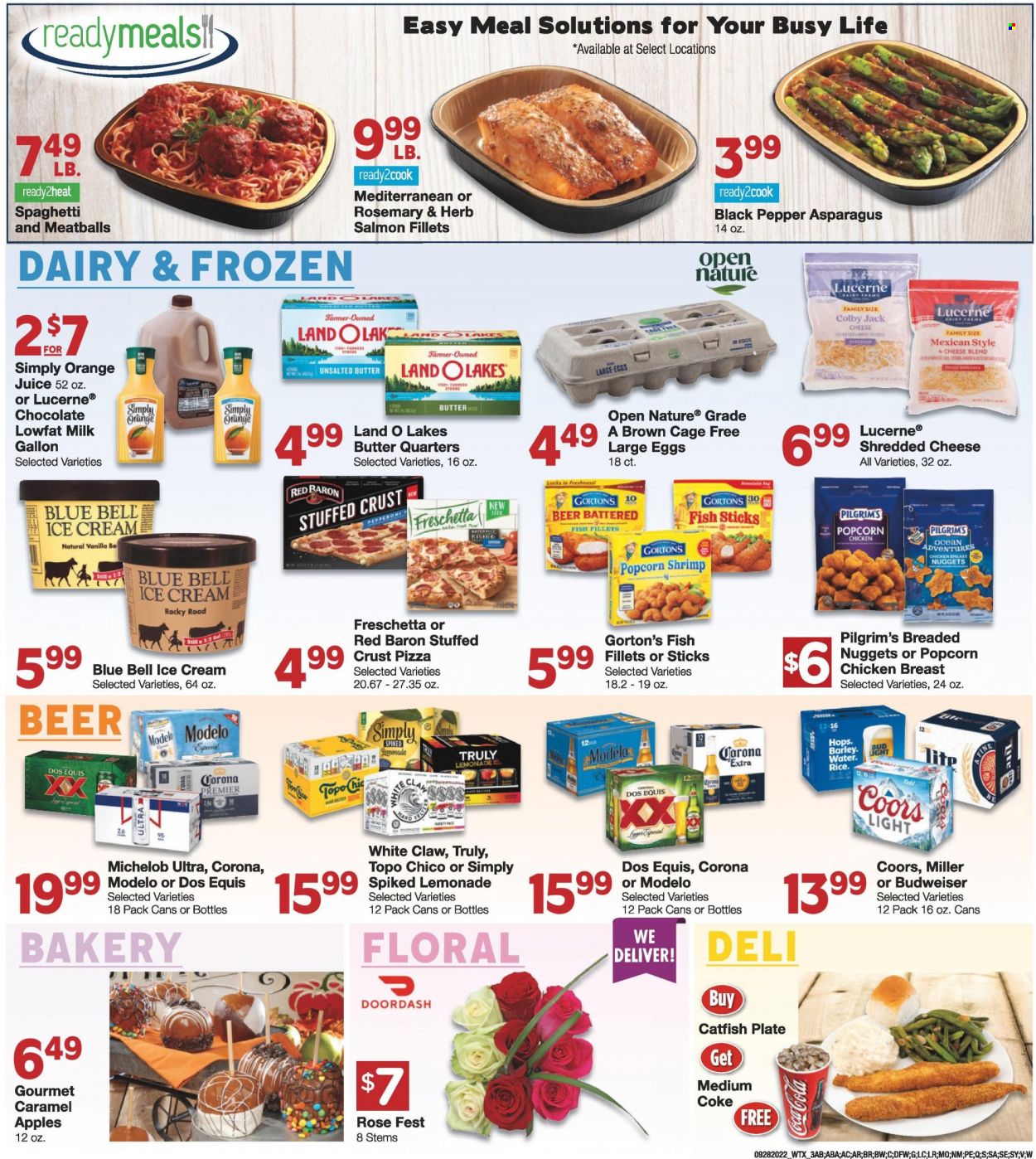 thumbnail - United Supermarkets Flyer - 09/28/2022 - 10/04/2022 - Sales products - asparagus, apples, catfish, fish fillets, salmon, salmon fillet, fish, shrimps, fish fingers, Gorton's, fish sticks, spaghetti, pizza, meatballs, nuggets, chicken nuggets, pepperoni, Colby cheese, shredded cheese, milk, cage free eggs, large eggs, ice cream, Blue Bell, Red Baron, rosemary, black pepper, caramel, Coca-Cola, lemonade, orange juice, juice, rosé wine, White Claw, TRULY, beer, Bud Light, Corona Extra, Miller, Lager, Modelo, plate, Budweiser, Coors, Dos Equis, Michelob. Page 3.