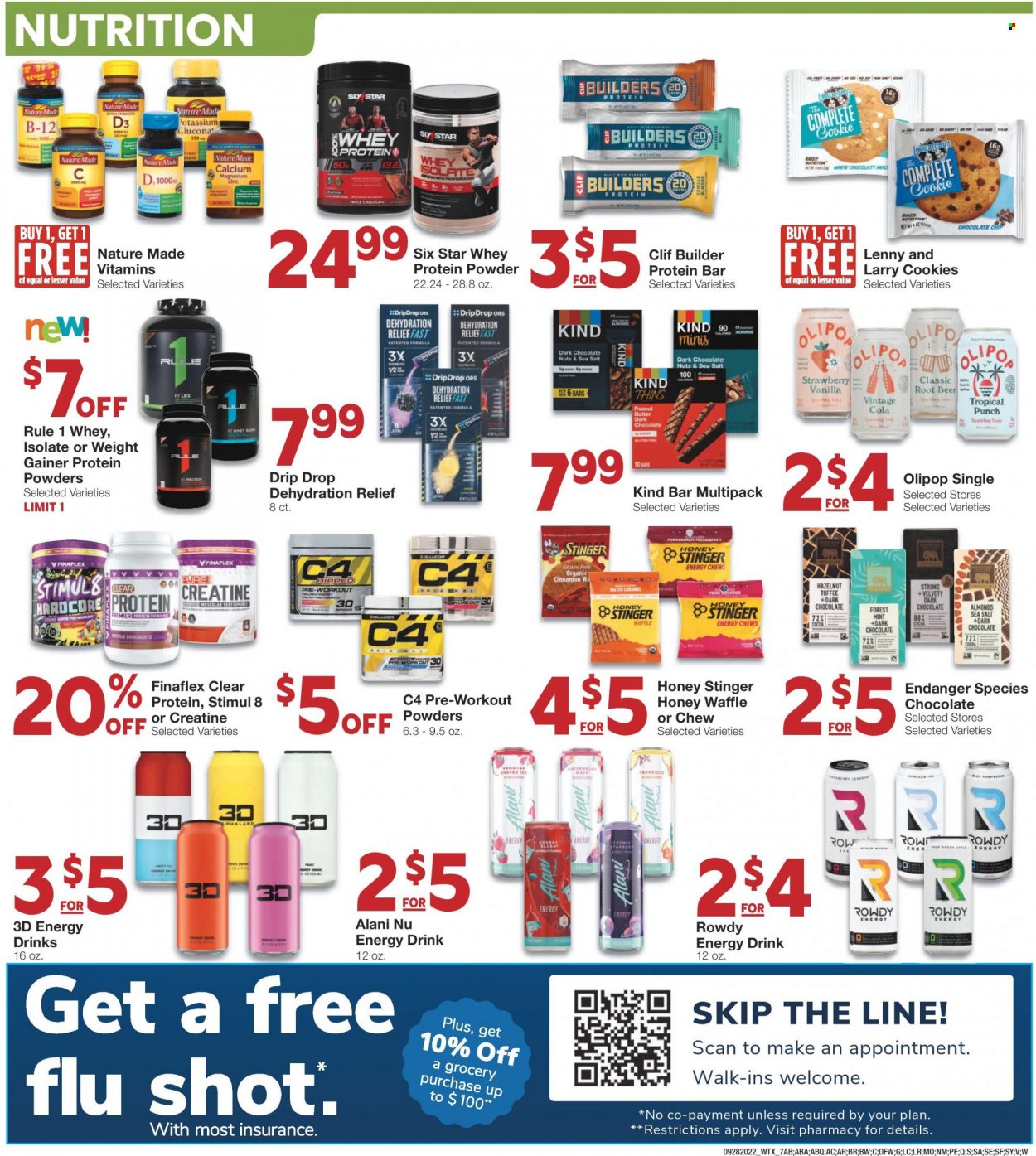 thumbnail - United Supermarkets Flyer - 09/28/2022 - 10/04/2022 - Sales products - cherries, cookies, toffee, chewing gum, dark chocolate, Thins, cocoa, protein bar, cinnamon, honey, peanut butter, almonds, energy drink, tonic, fruit punch, WAVE, calcium, magnesium, Nature Made, zinc, whey protein, vitamin D3. Page 7.