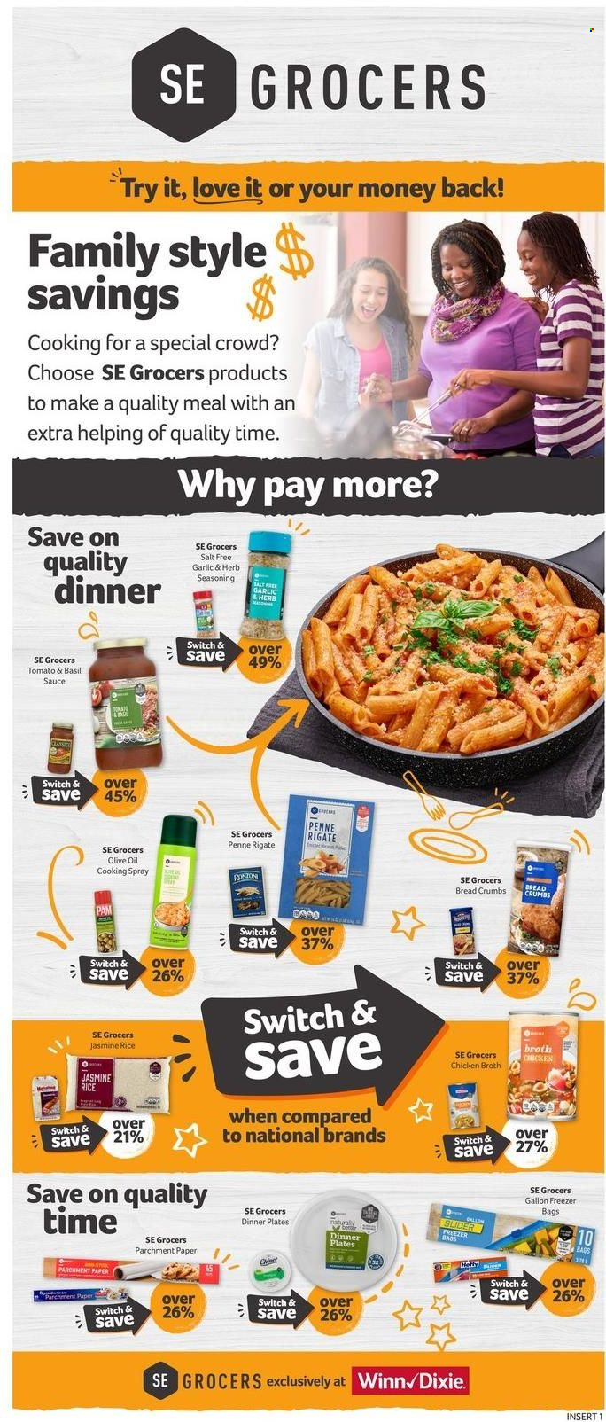 thumbnail - Winn Dixie Flyer - 09/28/2022 - 10/04/2022 - Sales products - breadcrumbs, sauce, chicken broth, salt, broth, rice, jasmine rice, penne, spice, Classico, cooking spray, olive oil, oil, switch, bag, plate, dinner plate, freezer bag, paper. Page 9.