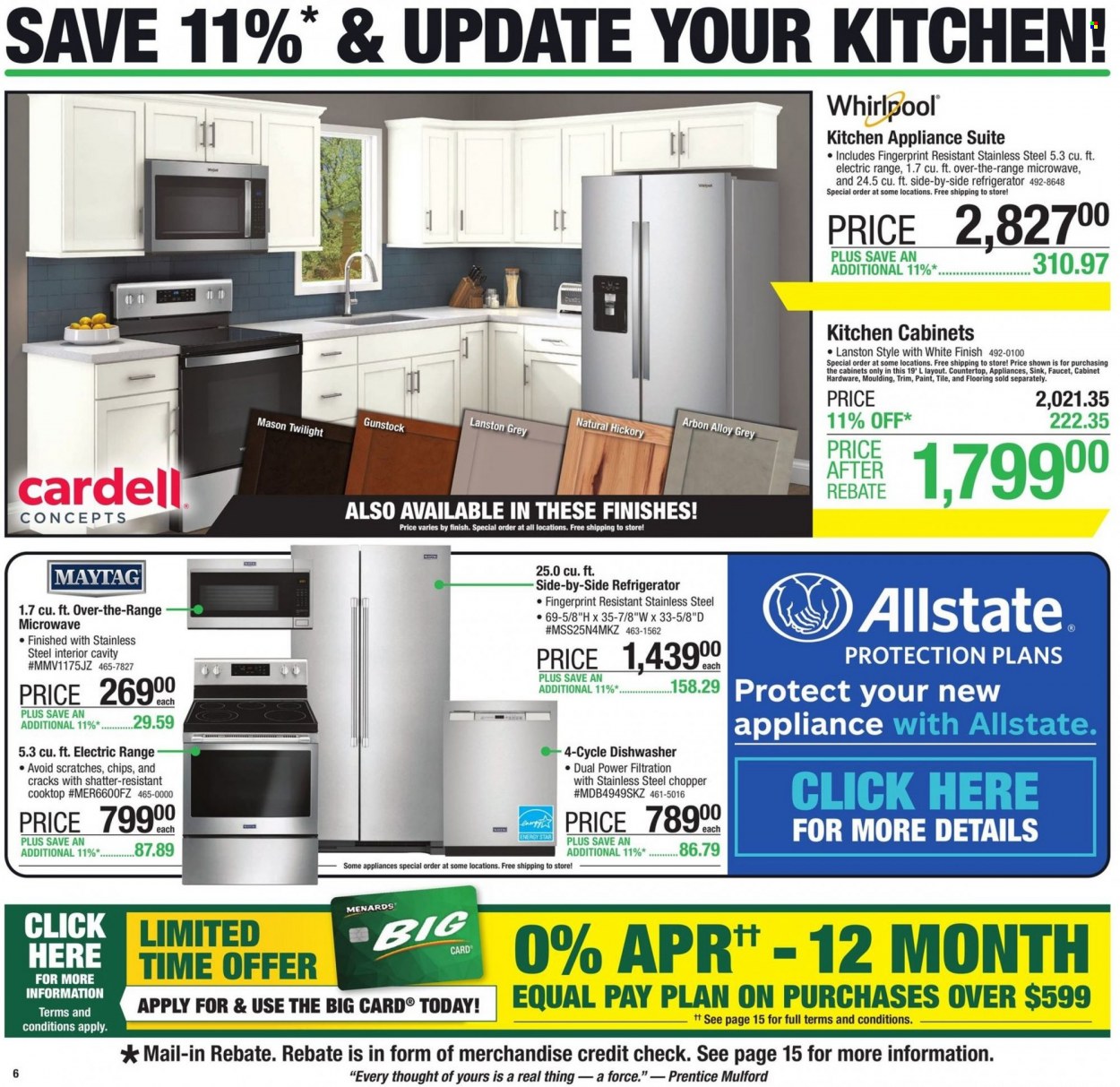 thumbnail - Menards Flyer - 09/29/2022 - 10/09/2022 - Sales products - faucet, chips, handy chopper, Whirlpool, refrigerator, electric range, microwave, dishwasher, Maytag, cooktop, kitchen cabinet, cabinet, flooring, moulding. Page 9.