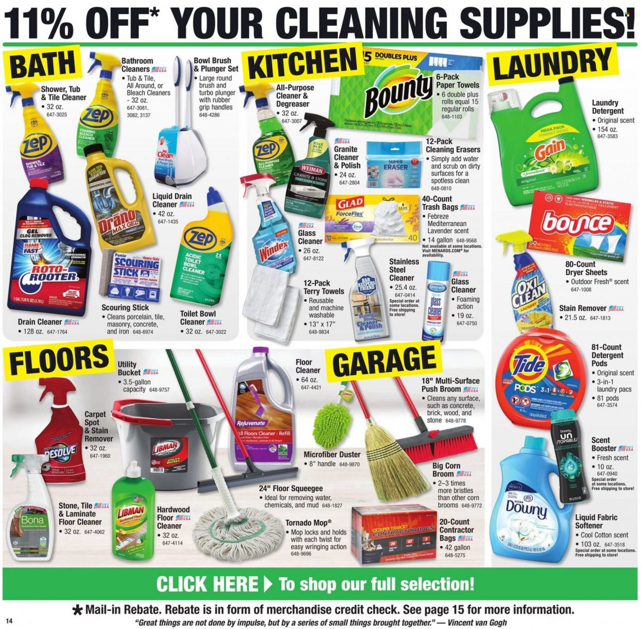 thumbnail - Menards Flyer - 09/29/2022 - 10/09/2022 - Sales products - toilet, corn, Bounty, Boost, kitchen towels, paper towels, detergent, Febreze, Gain, Windex, cleaner, bleach, granite cleaner, floor cleaner, stain remover, glass cleaner, Rejuvenate, toilet bowl, Tide, fabric softener, laundry detergent, Bounce, dryer sheets, trash bags, mop, duster, broom, table, polish, laminate floor, degreaser. Page 20.