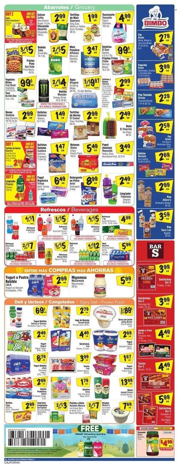 thumbnail - El Super Flyer - 09/28/2022 - 10/04/2022 - Sales products - bagels, corn tortillas, tortillas, buns, burger buns, tostadas, Sara Lee, flour tortillas, waffles, tuna, hot dog, Bumble Bee, ham, sausage, cheese, Activia, Dannon, rice pudding, eggs, ice cream, ice cream bars, cookies, wafers, jelly, crackers, Chips Ahoy!, RITZ, Fritos, saltines, cane sugar, refried beans, pinto beans, belVita, brown rice, Coca-Cola, orange juice, juice, Fanta, energy drink, Monster, 7UP, Monster Energy, fruit punch, Aquafina, soda, coffee. Page 2.