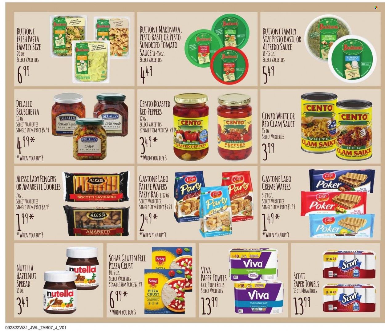 thumbnail - Jewel Osco Flyer - 09/28/2022 - 10/23/2022 - Sales products - peppers, red peppers, clams, pizza, soup, sauce, Alfredo sauce, Buitoni, bruschetta, sausage, Amaretti, biscotti, cookies, lady fingers, wafers, Nutella, chocolate, dried tomatoes, tomato sauce, pepper, pesto, extra virgin olive oil, oil, hazelnut spread, Amaretto, Scott, kitchen towels, paper towels, bag, plate. Page 7.