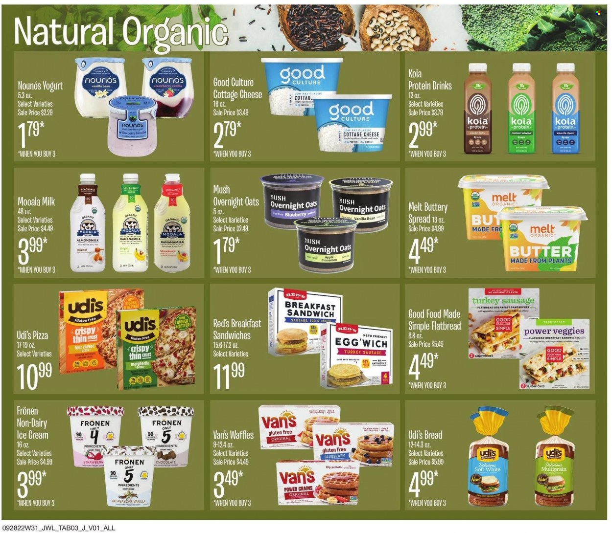 thumbnail - Jewel Osco Flyer - 09/28/2022 - 10/18/2022 - Sales products - flatbread, waffles, pizza, sausage, cottage cheese, yoghurt, almond milk, milk, protein drink, koia, butter, buttery spread, sugar, cinnamon, Vans. Page 3.