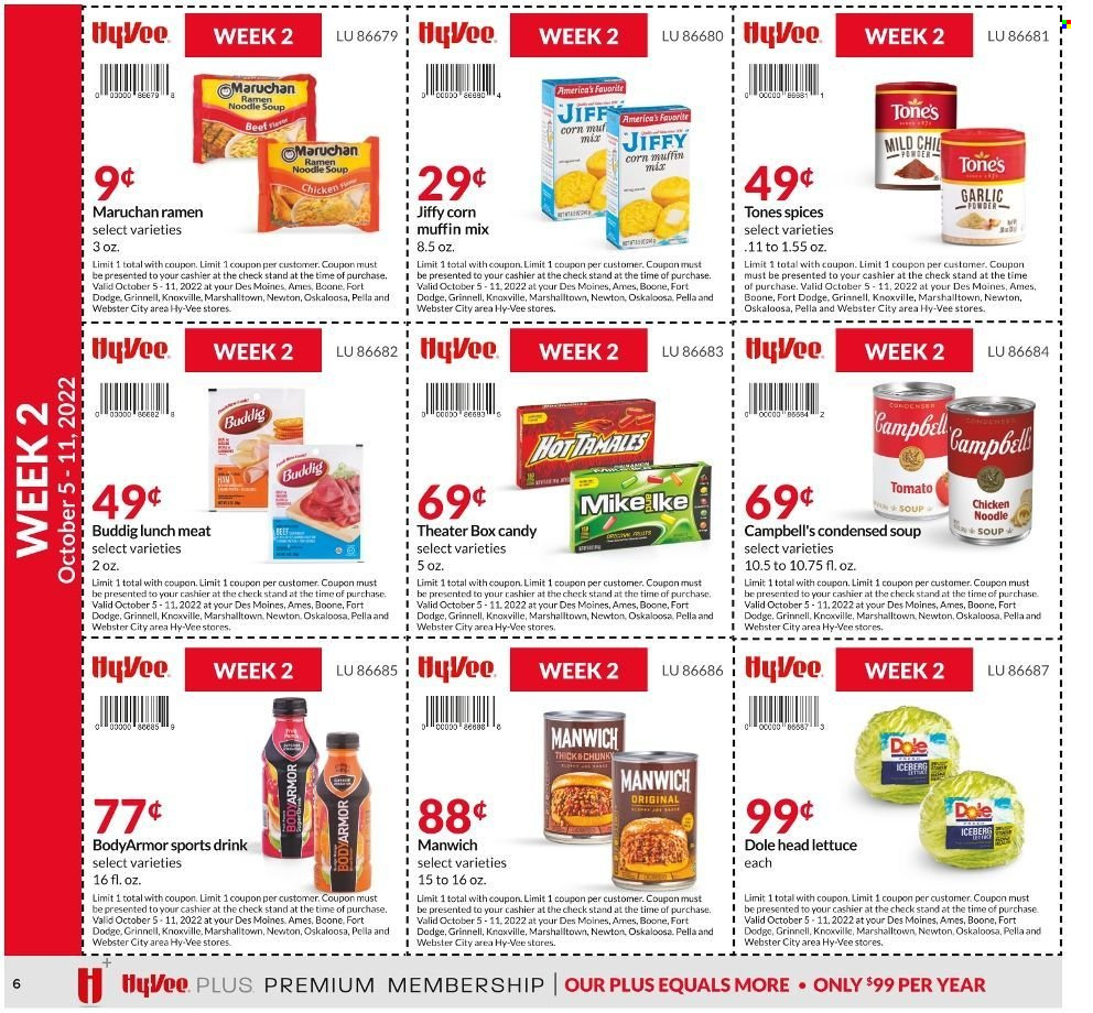 thumbnail - Hy-Vee Flyer - 09/28/2022 - 10/25/2022 - Sales products - muffin mix, corn, garlic, lettuce, Dole, Campbell's, ramen, tomato soup, condensed soup, soup, noodles cup, noodles, instant soup, lunch meat, corn muffin, Manwich, Jiffy. Page 5.