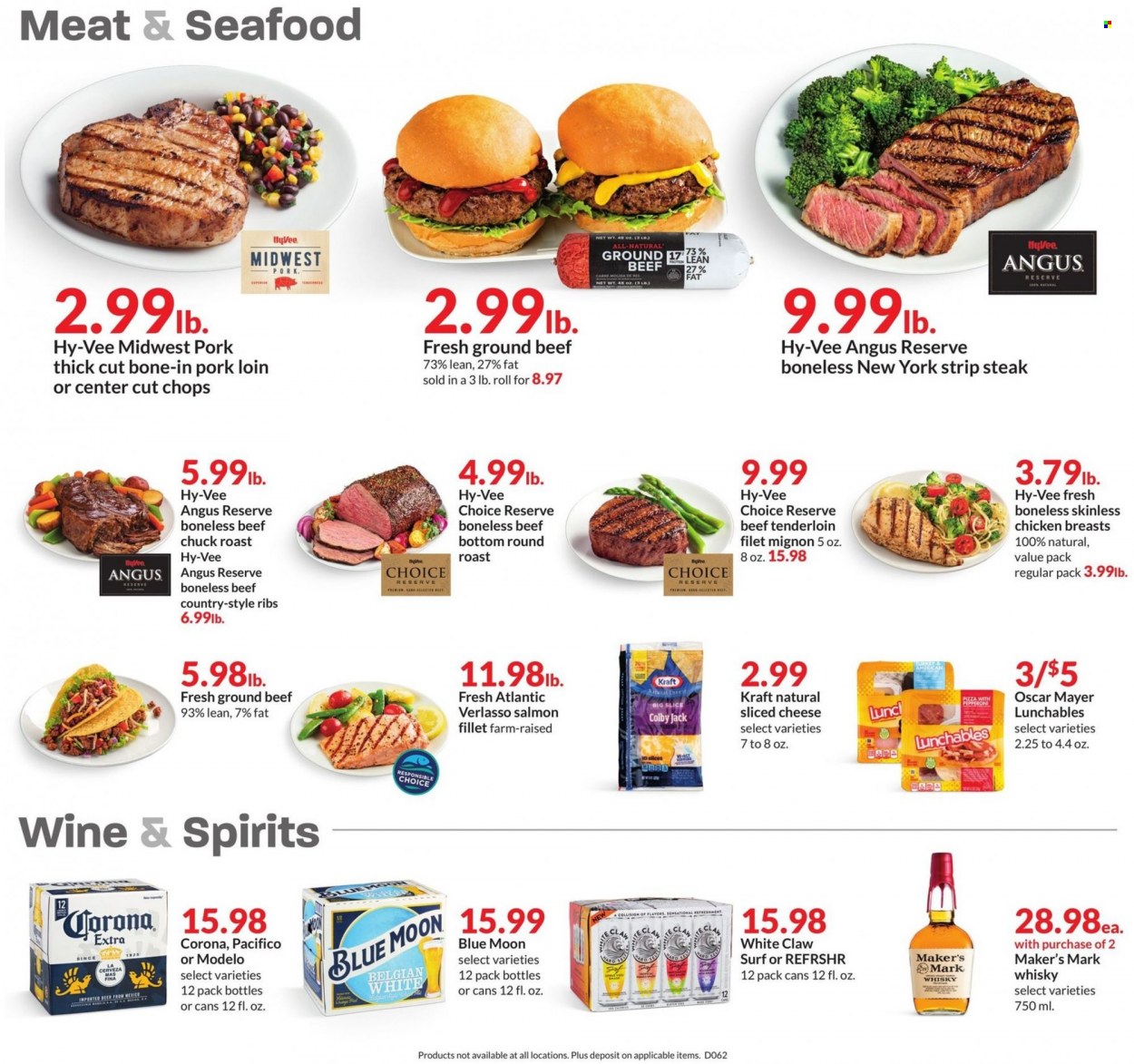 thumbnail - Hy-Vee Flyer - 09/28/2022 - 10/04/2022 - Sales products - salmon, salmon fillet, seafood, pizza, Lunchables, Kraft®, Oscar Mayer, pepperoni, Colby cheese, sliced cheese, wine, White Claw, whisky, beer, Corona Extra, Modelo, chicken breasts, beef meat, ground beef, steak, beef tenderloin, round roast, chuck roast, striploin steak, pork loin, pork meat, pork ribs, country style ribs, Surf, Blue Moon. Page 3.