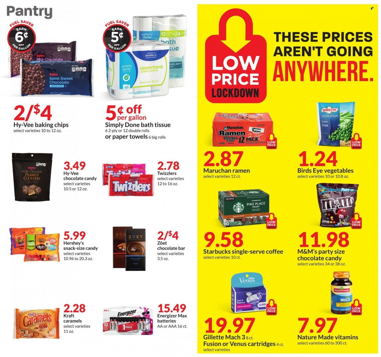 thumbnail - Hy-Vee Flyer - 09/28/2022 - 10/04/2022 - Sales products - peas, ramen, Bird's Eye, Kraft®, Reese's, Hershey's, milk chocolate, snack, M&M's, chocolate candies, chocolate bar, baking chips, coffee, Starbucks, Keurig, bath tissue, kitchen towels, paper towels, Zoe, Gillette, Venus, battery, Energizer, Nature Made. Page 5.