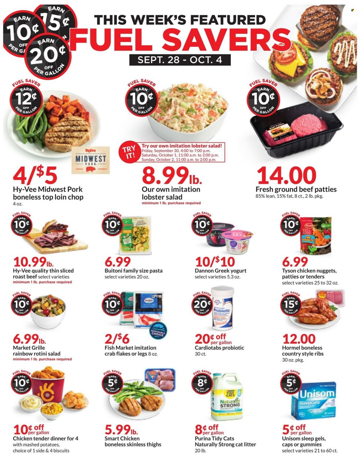 thumbnail - Hy-Vee Flyer - 09/28/2022 - 10/04/2022 - Sales products - salad, lobster, crab, mashed potatoes, nuggets, pasta, chicken nuggets, Hormel, Buitoni, greek yoghurt, yoghurt, Dannon, biscuit, beef meat, ground beef, roast beef, pork ribs, country style ribs, cat litter, Purina, cap, Unisom. Page 9.