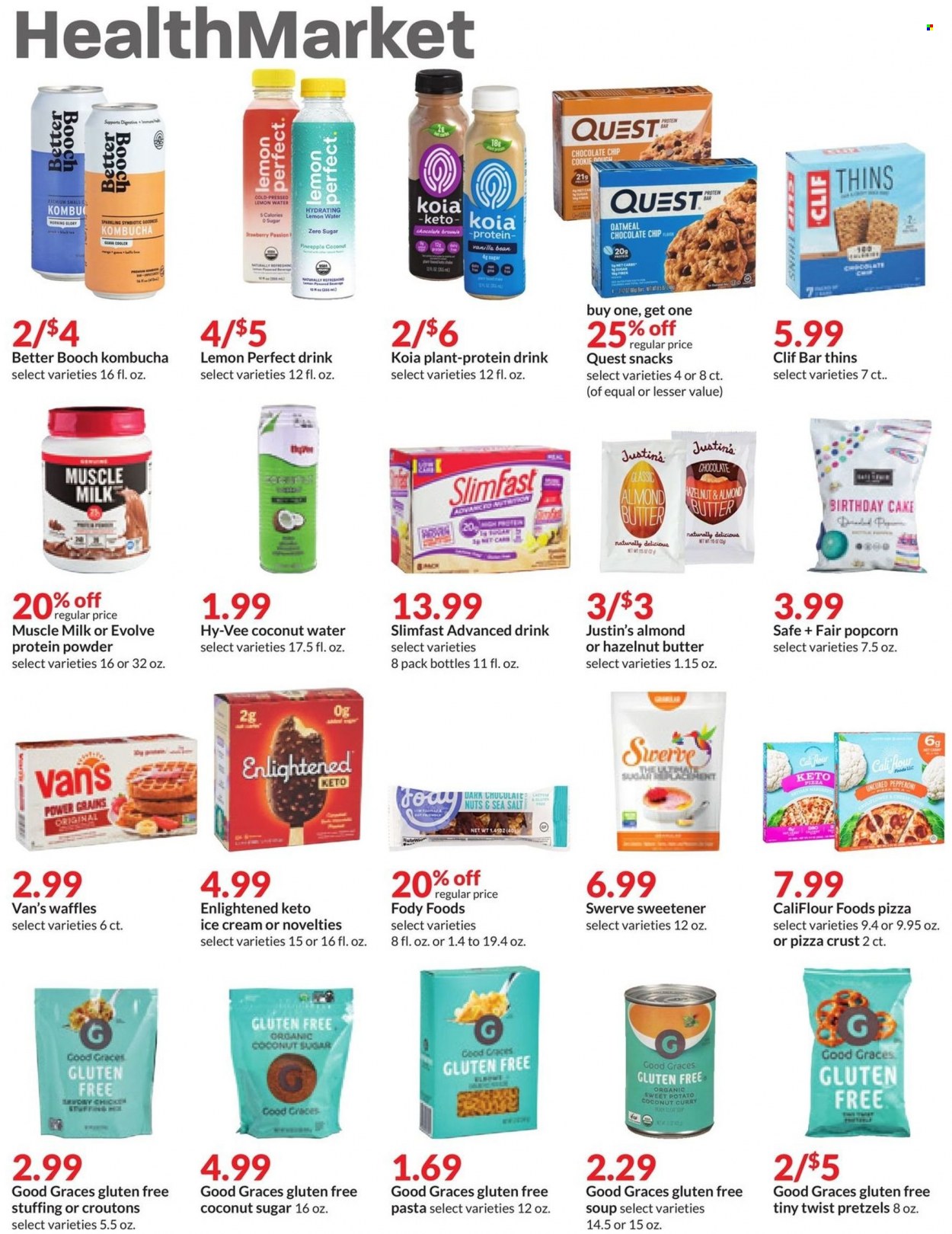 thumbnail - Hy-Vee Flyer - 09/28/2022 - 10/04/2022 - Sales products - Vans, pretzels, cake, brownies, waffles, sweet potato, pineapple, pizza, soup, pasta, Slimfast, pepperoni, milk, protein drink, koia, muscle milk, almond butter, ice cream, snack, Digestive, Thins, popcorn, croutons, flour, oatmeal, coconut sugar, sweetener, protein bar, coconut water, kombucha, whey protein. Page 12.