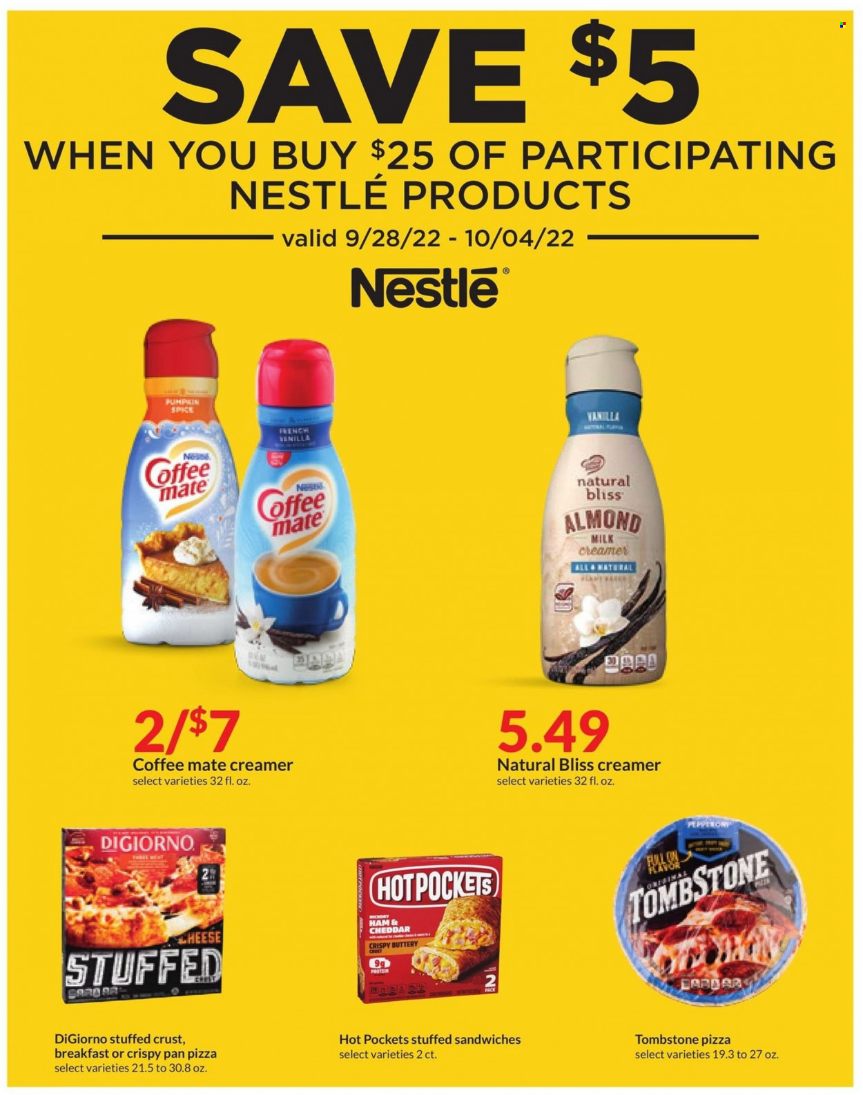 thumbnail - Hy-Vee Flyer - 09/28/2022 - 10/04/2022 - Sales products - hot pocket, pizza, ham, Coffee-Mate, creamer, Nestlé, spice, cleaner, pan. Page 17.