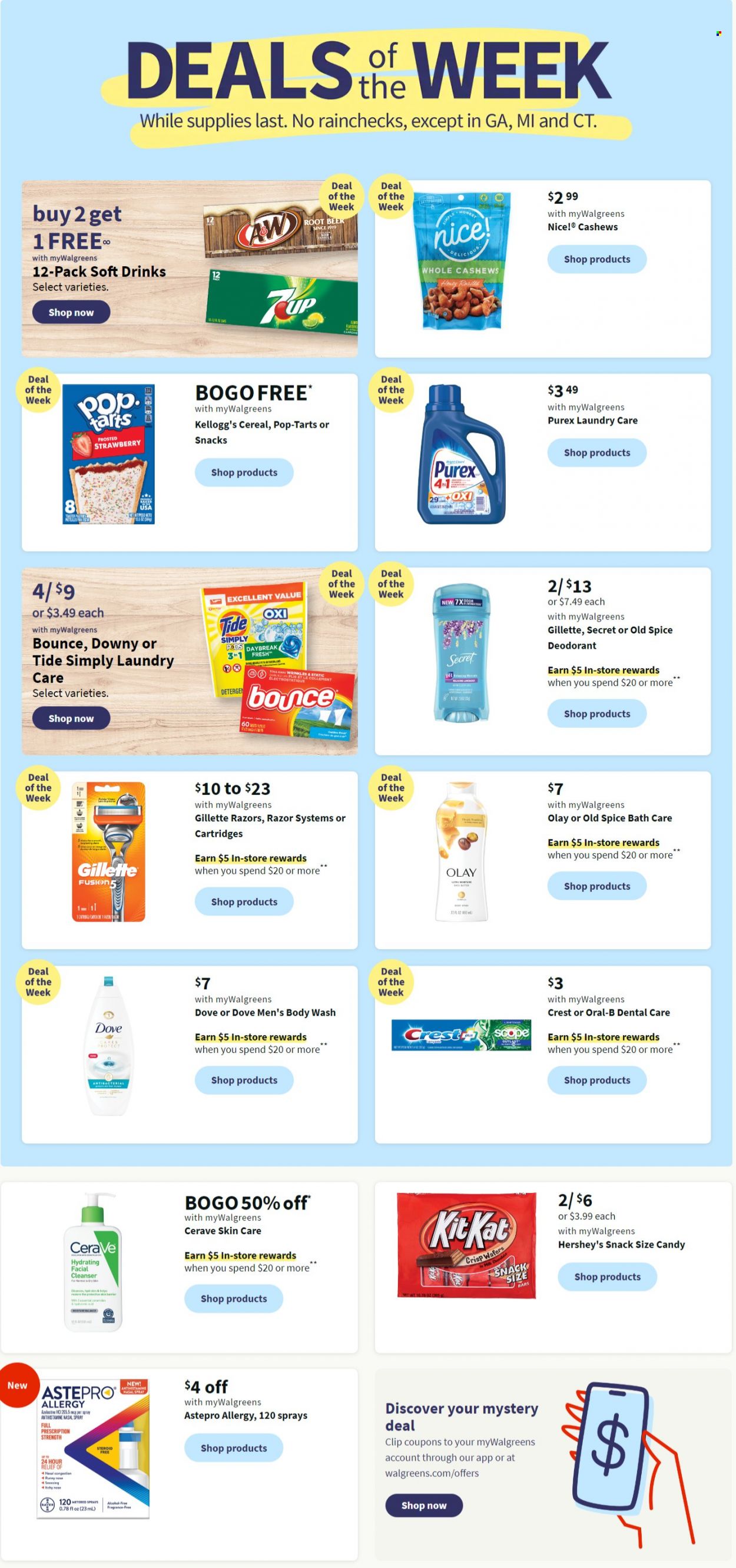 thumbnail - Walgreens Flyer - 10/02/2022 - 10/08/2022 - Sales products - Hershey's, Dove, milk chocolate, wafers, chocolate, KitKat, Kellogg's, Pop-Tarts, Nice!, cereals, honey, cashews, soft drink, alcohol, Tide, Bounce, Purex, body wash, Old Spice, Oral-B, Crest, CeraVe, cleanser, Olay, anti-perspirant, fragrance, deodorant, Gillette, razor, nasal spray. Page 1.