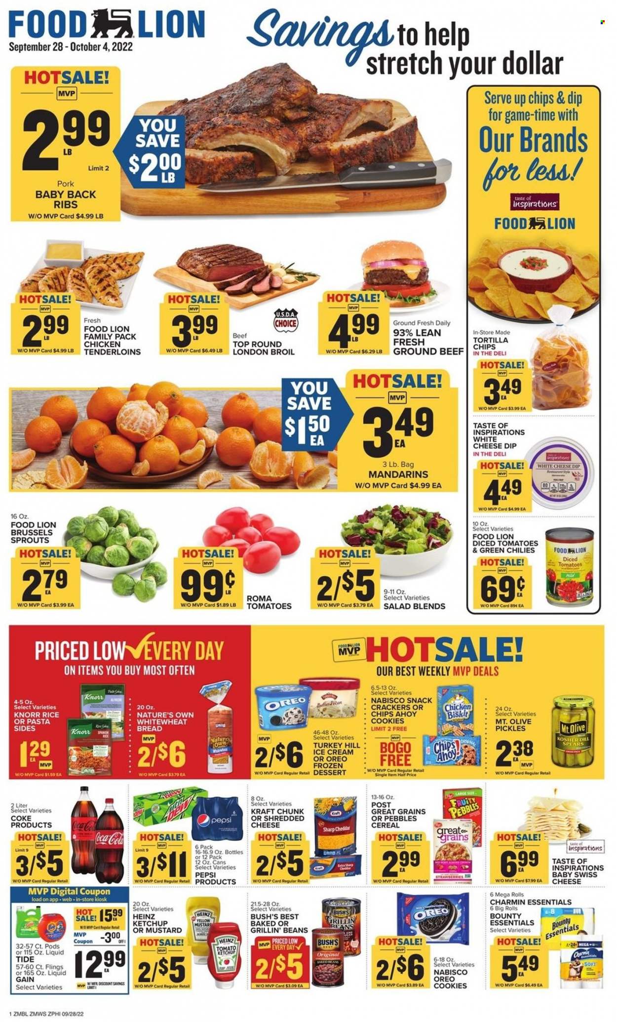 thumbnail - Food Lion Flyer - 09/28/2022 - 10/04/2022 - Sales products - bread, beans, tomatoes, salad, brussel sprouts, mandarines, strawberries, Knorr, pasta sides, Kraft®, shredded cheese, swiss cheese, Oreo, butter, ice cream, cookies, snack, Bounty, crackers, tortilla chips, Heinz, pickles, tomatoes & green chilies, diced tomatoes, cereals, Fruity Pebbles, dill, mustard, ketchup, Coca-Cola, Pepsi, beef meat, ground beef, pork meat, pork ribs, pork back ribs, Charmin, Gain, Tide, Nature's Own. Page 1.