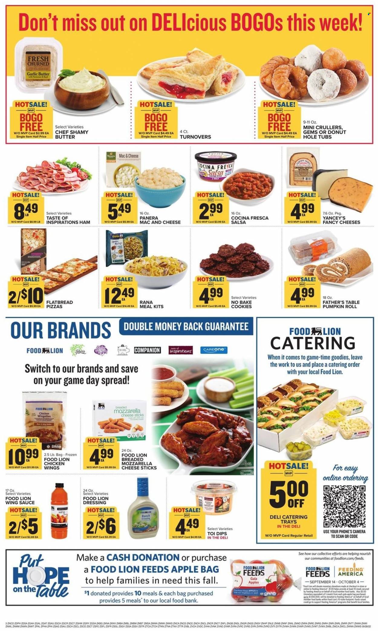 thumbnail - Food Lion Flyer - 09/28/2022 - 10/04/2022 - Sales products - flatbread, turnovers, Father's Table, pumpkin, apples, Gala, pizza, sauce, Rana, ham, gouda, mozzarella, butter, ranch dressing, cheese sticks, cookies, dressing, salsa, wing sauce, switch. Page 3.