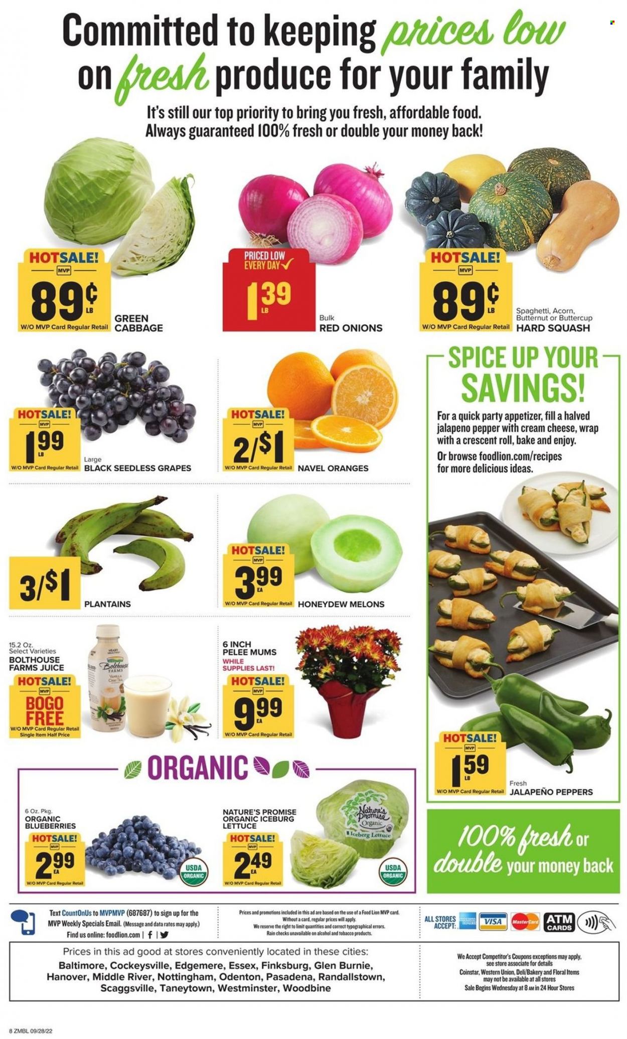 thumbnail - Food Lion Flyer - 09/28/2022 - 10/04/2022 - Sales products - Nature’s Promise, cabbage, red onions, onion, lettuce, jalapeño, blueberries, grapes, seedless grapes, honeydew, oranges, spaghetti, cheese, pepper, spice, juice, butternut squash, plantains, melons, navel oranges. Page 8.