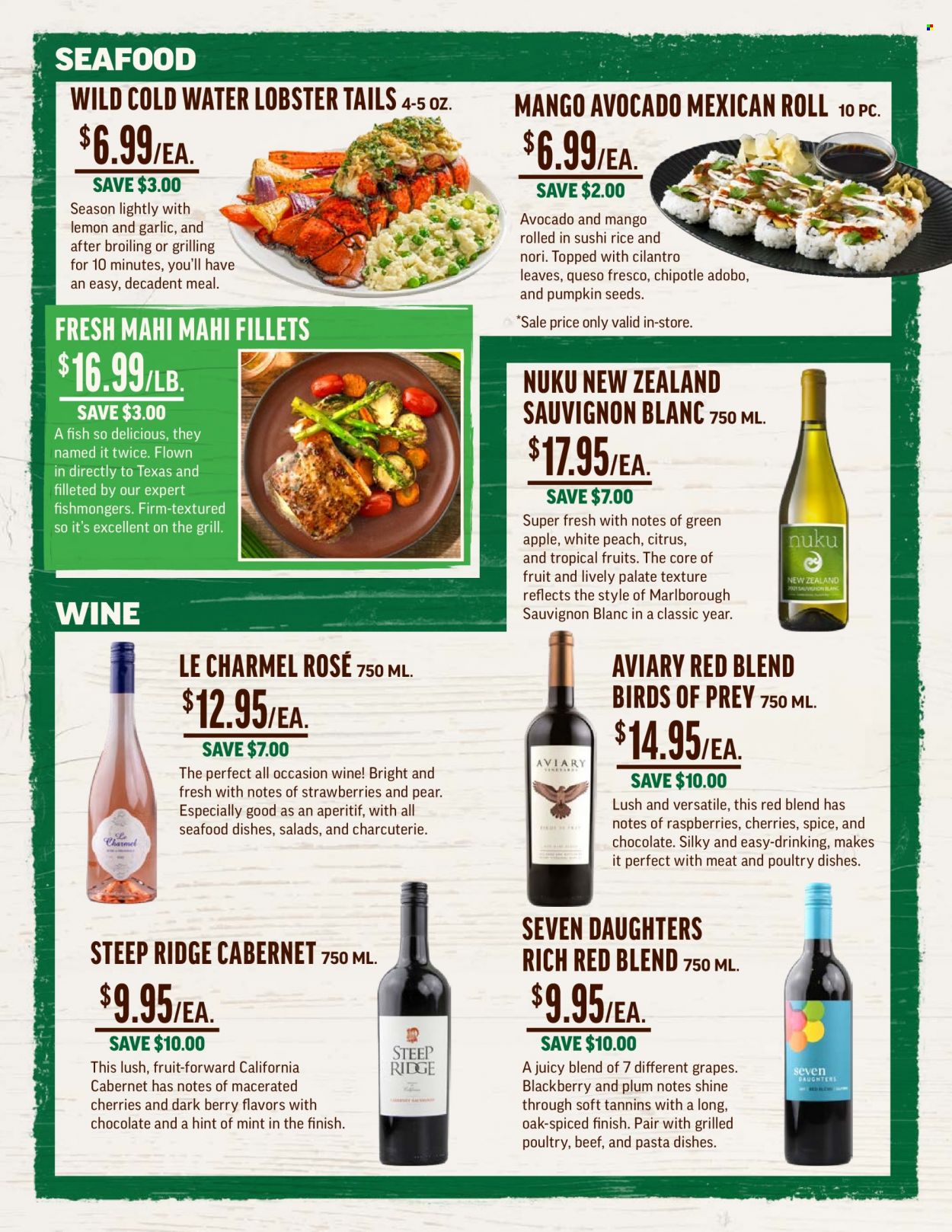 thumbnail - Central Market Flyer - 09/28/2022 - 10/04/2022 - Sales products - garlic, grapes, pears, lobster, mahi mahi, seafood, fish, lobster tail, pasta sides, queso fresco, rice, cilantro, spice, adobo sauce, pumpkin seeds, Cabernet Sauvignon, white wine, Sauvignon Blanc, rosé wine, aperitif. Page 4.