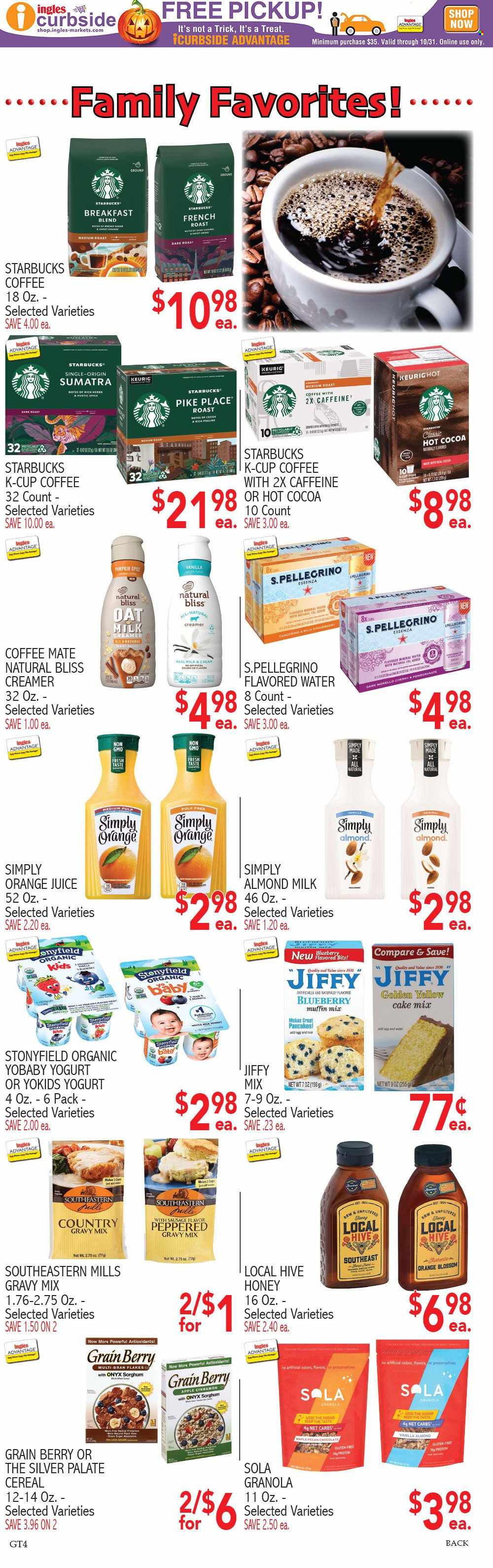 thumbnail - Ingles Flyer - 09/28/2022 - 10/04/2022 - Sales products - cake mix, muffin mix, pancakes, sausage, yoghurt, almond milk, Coffee-Mate, milk, Blossom, creamer, chocolate, cereals, granola, bran flakes, gravy mix, spice, herbs, cinnamon, honey, orange juice, juice, mineral water, flavored water, San Pellegrino, hot cocoa, Starbucks, coffee capsules, K-Cups, Keurig, breakfast blend, pomegranate. Page 8.