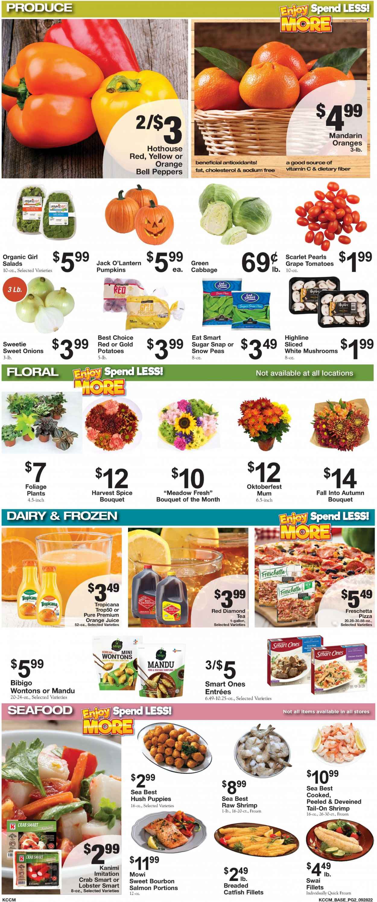thumbnail - Bratchers Market Flyer - 09/28/2022 - 10/04/2022 - Sales products - pita, potatoes, mandarines, catfish, lobster, salmon, seafood, crab, shrimps, swai fillet, pizza, dumplings, snap peas, snow peas, spice, orange juice, juice, tea, Mum, bouquet, vitamin c. Page 2.