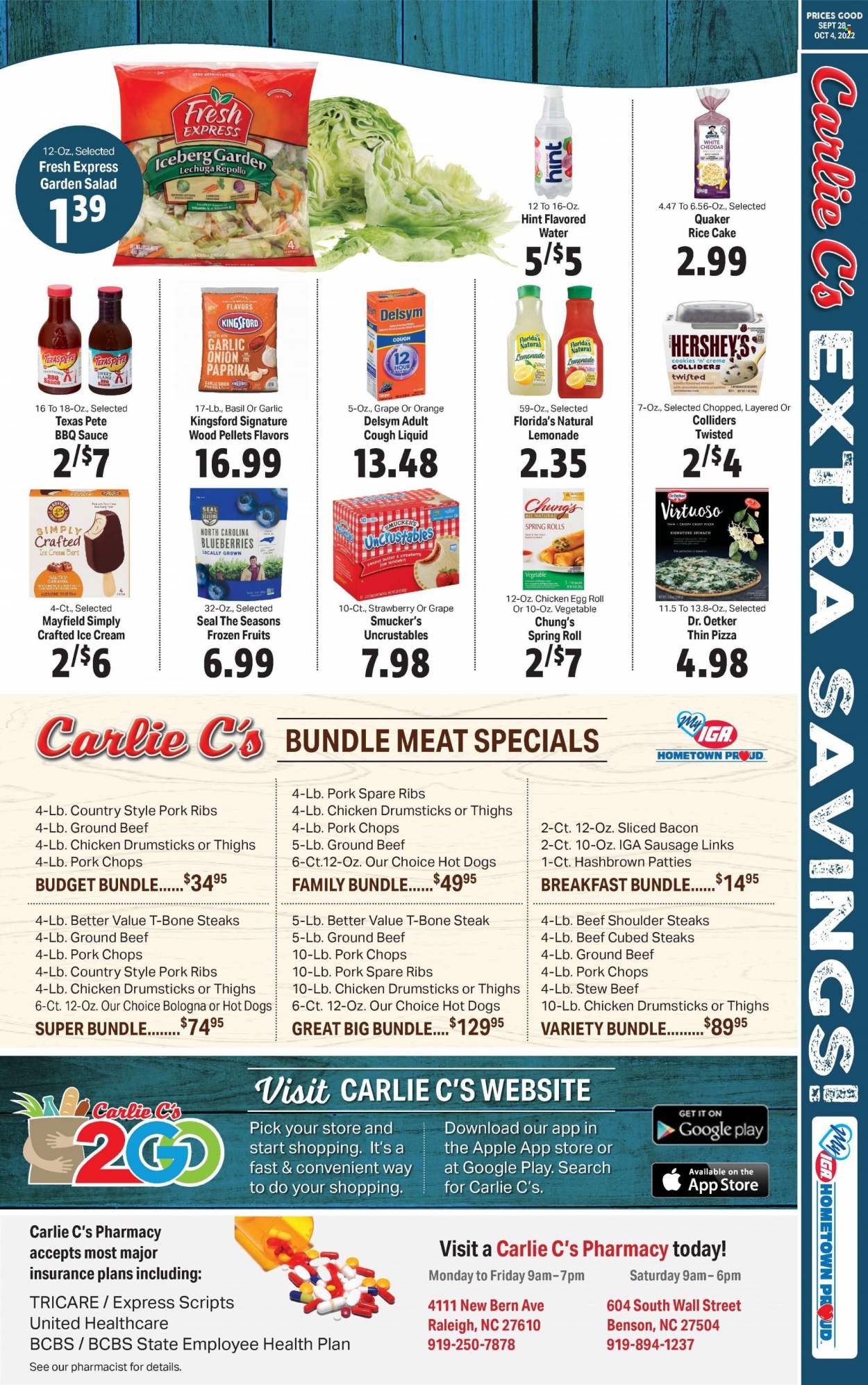thumbnail - Carlie C's Flyer - 09/28/2022 - 10/04/2022 - Sales products - carrots, onion, salad, blueberries, oranges, hot dog, pizza, sauce, egg rolls, spring rolls, Quaker, Kingsford, bacon, bologna sausage, sausage, Dr. Oetker, eggs, ice cream, ice cream bars, Hershey's, cookies, Florida's Natural, BBQ sauce, caramel, peanut butter, lemonade, flavored water, chicken drumsticks, beef meat, ground beef, t-bone steak, steak, pork chops, pork meat, pork ribs, pork spare ribs, Delsym. Page 5.