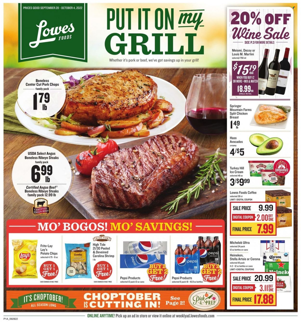 thumbnail - Lowes Foods Flyer - 09/28/2022 - 10/04/2022 - Sales products - avocado, shrimps, ice cream, potato chips, chips, Lay’s, Frito-Lay, Pepsi, coffee, wine, beer, Corona Extra, Heineken, chicken breasts, beef meat, steak, ribeye steak, pork chops, pork meat, Tide, Stella Artois, Michelob. Page 1.