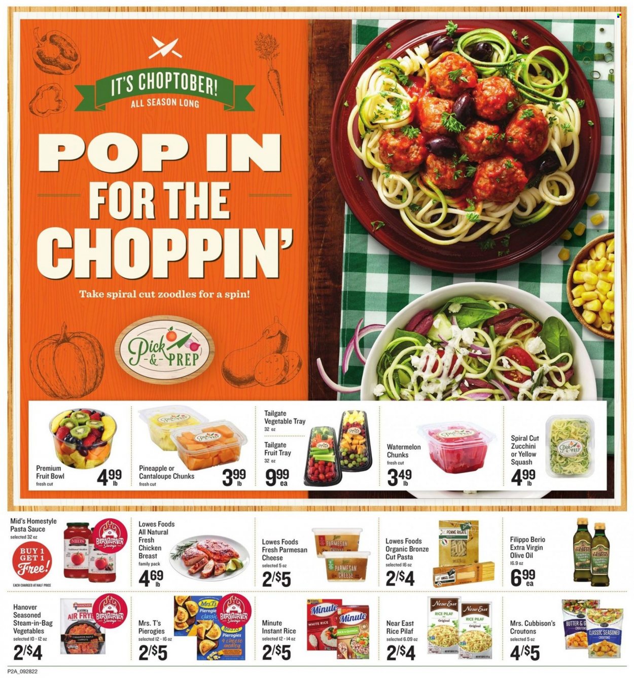 thumbnail - Lowes Foods Flyer - 09/28/2022 - 10/04/2022 - Sales products - zucchini, yellow squash, watermelon, pasta sauce, sauce, parmesan, cheese, butter, croutons, quinoa, rice, white rice, penne, cinnamon, extra virgin olive oil, olive oil, oil, chicken breasts, bag, bowl. Page 2.