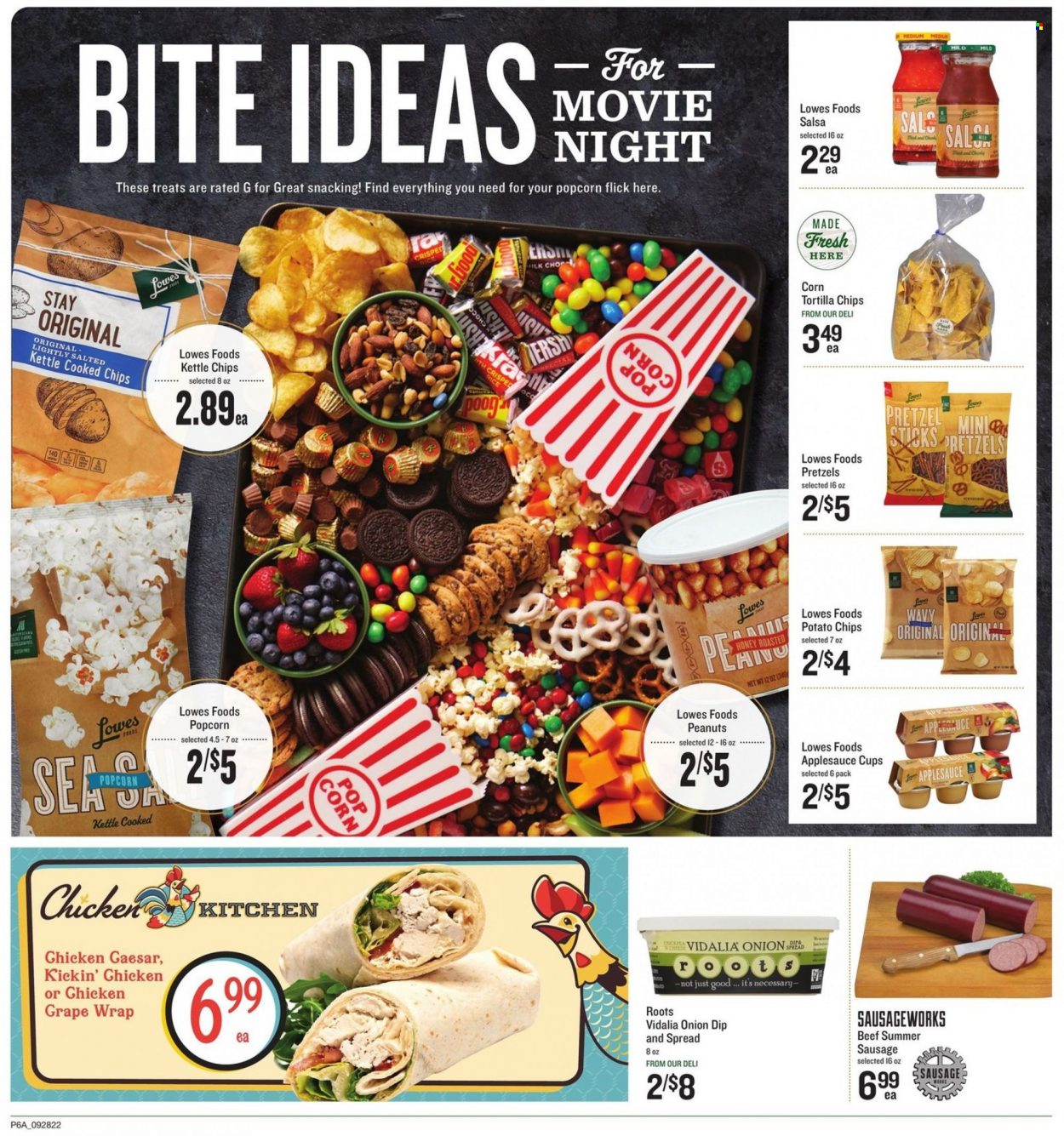 thumbnail - Lowes Foods Flyer - 09/28/2022 - 10/04/2022 - Sales products - pretzels, sausage, cheese, dip, tortilla chips, potato chips, chips, popcorn, salsa, apple sauce, honey, peanuts. Page 6.