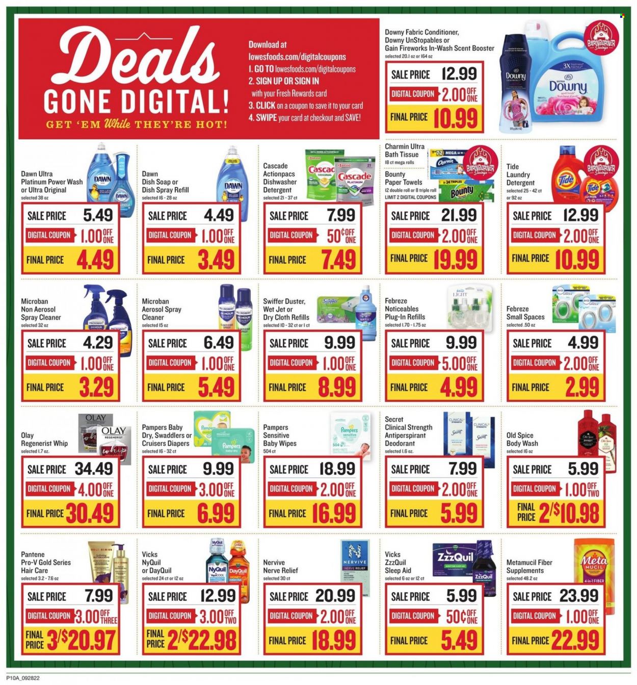 thumbnail - Lowes Foods Flyer - 09/28/2022 - 10/04/2022 - Sales products - Bounty, spice, honey, wipes, Pampers, baby wipes, nappies, bath tissue, kitchen towels, paper towels, Charmin, detergent, Febreze, Gain, cleaner, Swiffer, Cascade, Tide, Unstopables, laundry detergent, Gain Fireworks, Downy Laundry, Jet, body wash, Old Spice, soap, Olay, Pantene, anti-perspirant, deodorant, Vicks, DayQuil, ZzzQuil, NyQuil, Metamucil. Page 10.