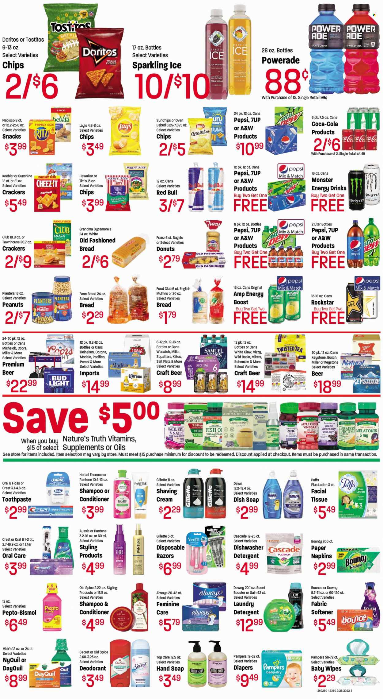 thumbnail - Fresh Market Flyer - 09/28/2022 - 10/11/2022 - Sales products - bagels, bread, english muffins, white bread, puffs, donut, jalapeño, oranges, fish, cheese, Flora, Sunshine, snack, Bounty, crackers, Keebler, RITZ, Doritos, potato chips, chips, Lay’s, Cheez-It, Tostitos, belVita, spice, apple cider vinegar, oil, roasted peanuts, peanuts, Planters, Coca-Cola, Powerade, Pepsi, energy drink, Monster, ice tea, 7UP, Red Bull, Monster Energy, A&W, Rockstar, Boost, punch, White Claw, beer, Busch, Corona Extra, Heineken, Peroni, Miller, IPA, Keystone, Modelo, wipes, Pampers, baby wipes, napkins, nappies, tissues, detergent, Gain, Cascade, fabric softener, laundry detergent, Downy Laundry, shampoo, hand soap, Old Spice, soap, Oral-B, toothpaste, Crest, Aussie, conditioner, Pantene, anti-perspirant, deodorant, Gillette, Venus, disposable razor, Vicks, diffuser, Biotin, DayQuil, Cold & Flu, Melatonin, Nature's Truth, Pepto-bismol, NyQuil, zinc, Stella Artois, Coors, Twisted Tea, Michelob. Page 3.